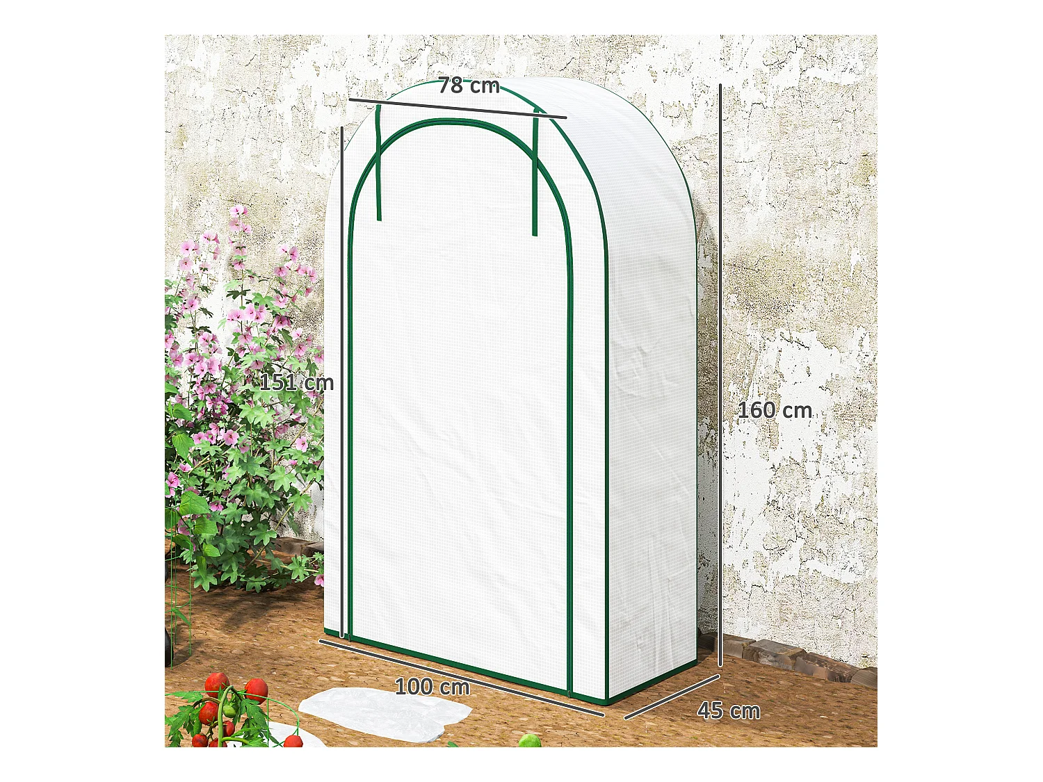 Serre de jardin avec toit arrondi, étagères, acier, blanche (100x45x160 cm)