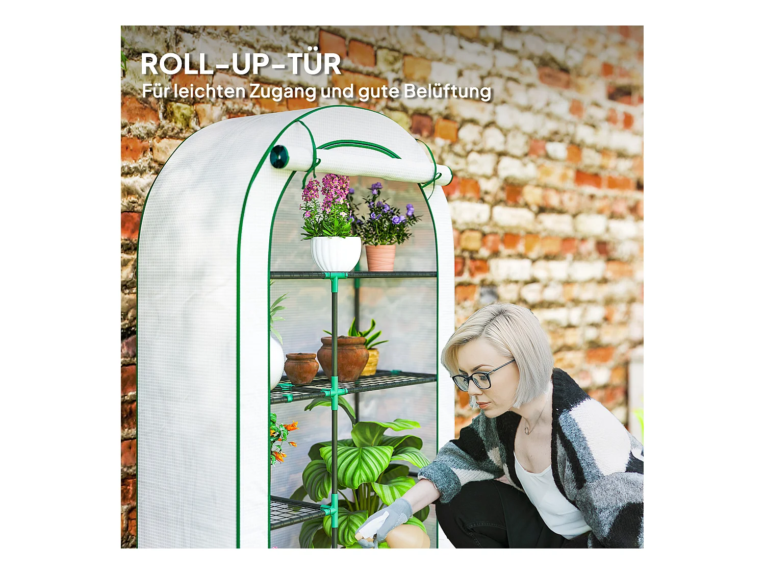 Serre de jardin avec toit arrondi, étagères, acier, blanche (100x45x160 cm)