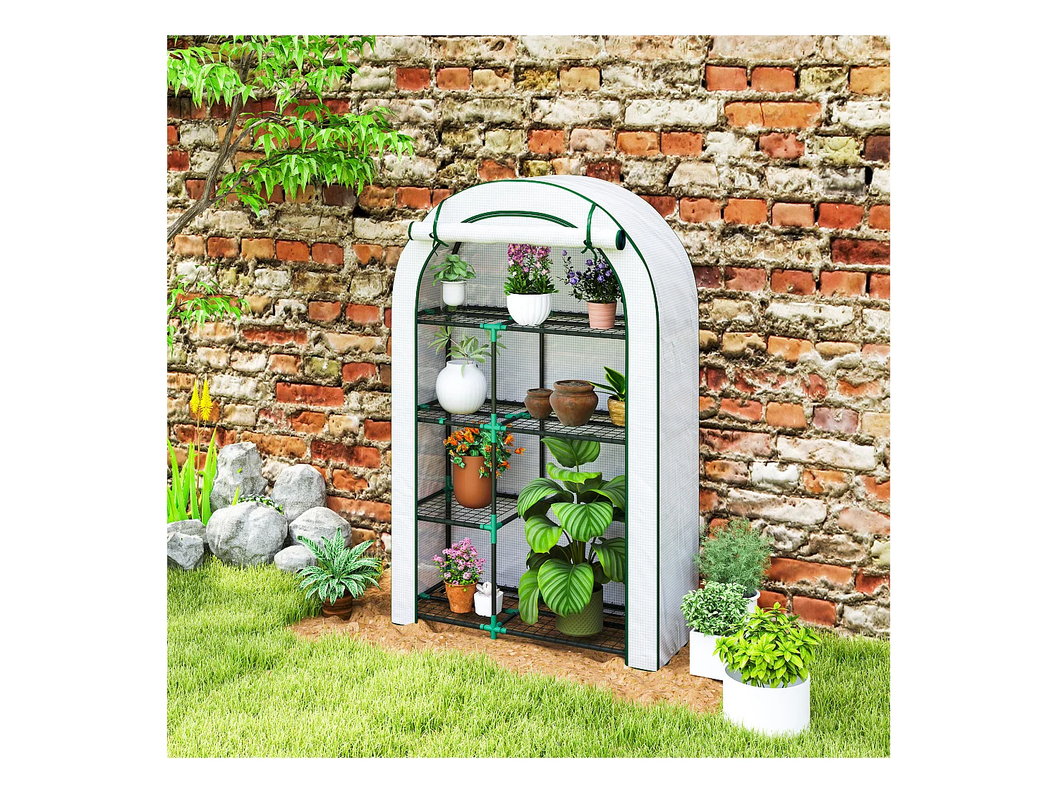 Serre de jardin avec toit arrondi, étagères, acier, blanche (100x45x160 cm)