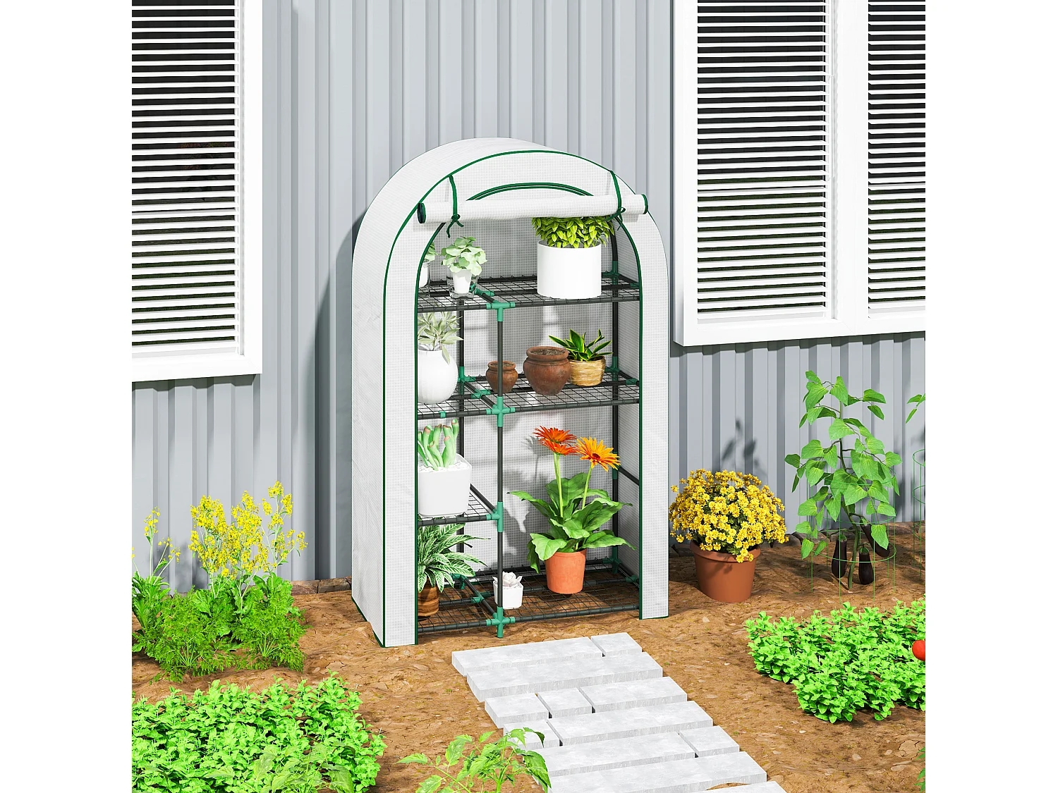 Serre de jardin avec toit arrondi, étagères, acier, blanche (100x45x160 cm)