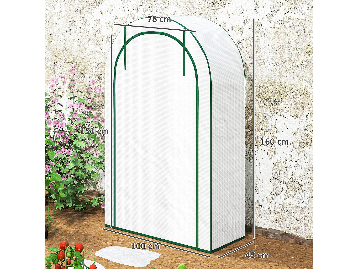 Serre de jardin avec toit arrondi, étagères, acier, blanche (100x45x160 cm)