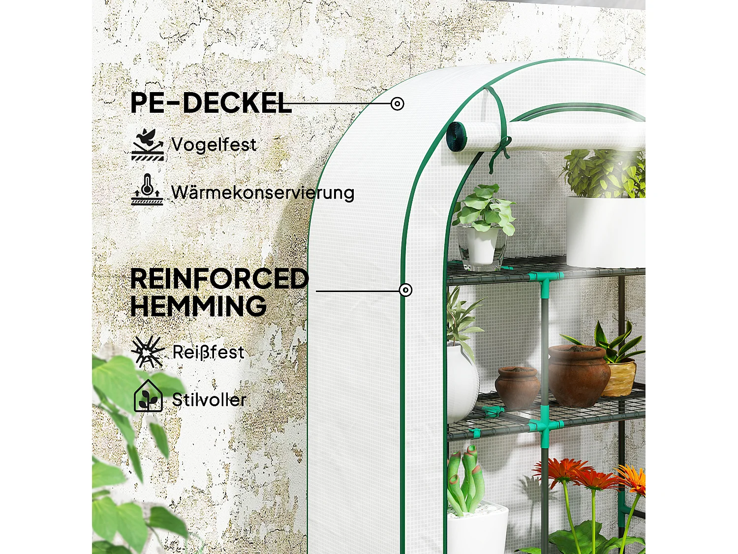 Serre de jardin avec toit arrondi, étagères, acier, blanche (100x45x160 cm)