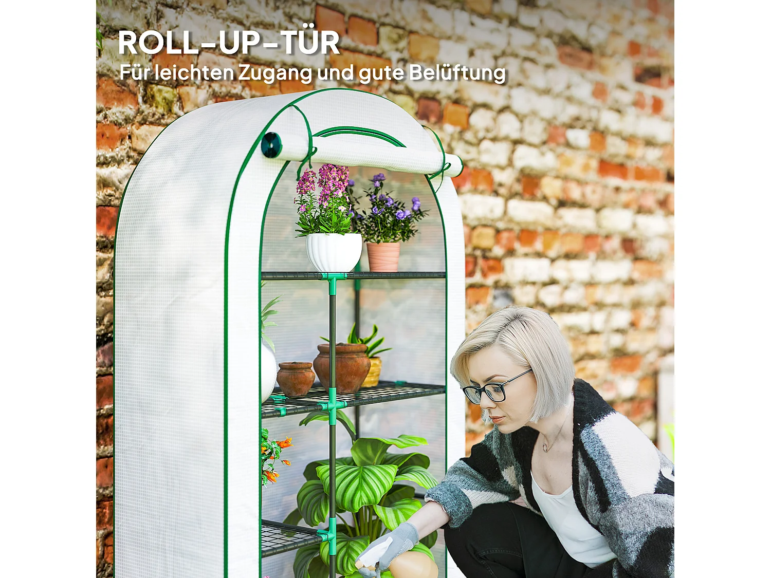 Serre de jardin avec toit arrondi, étagères, acier, blanche (100x45x160 cm)