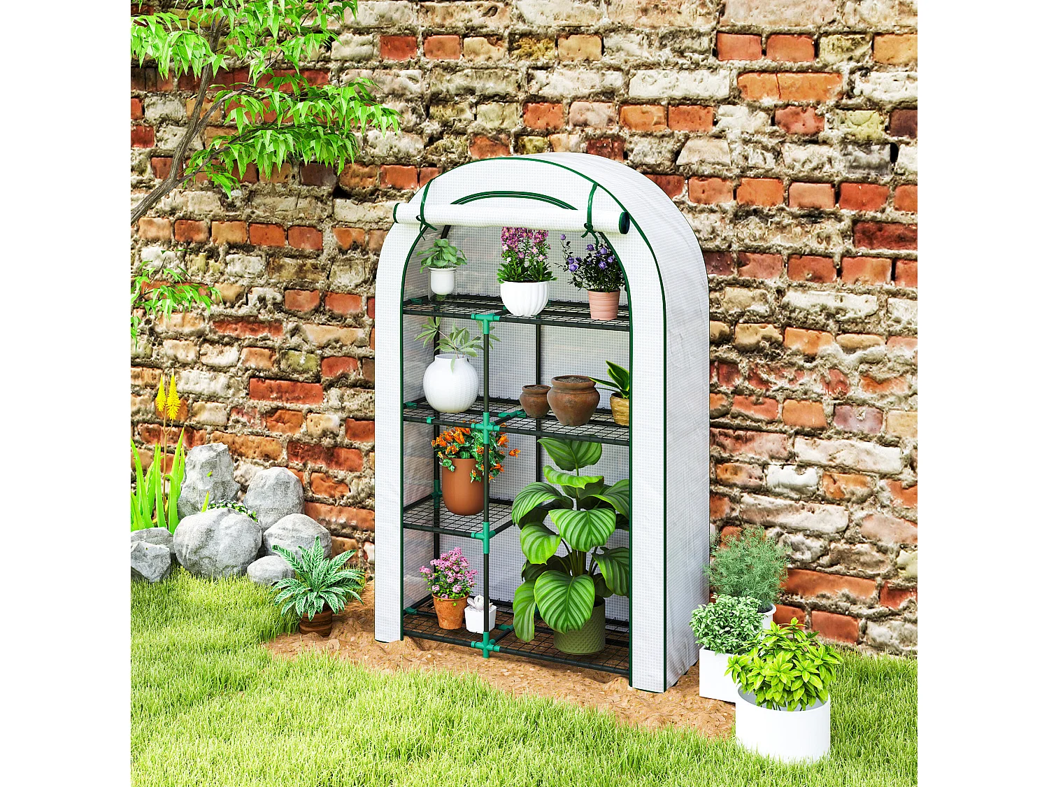 Serre de jardin avec toit arrondi, étagères, acier, blanche (100x45x160 cm)