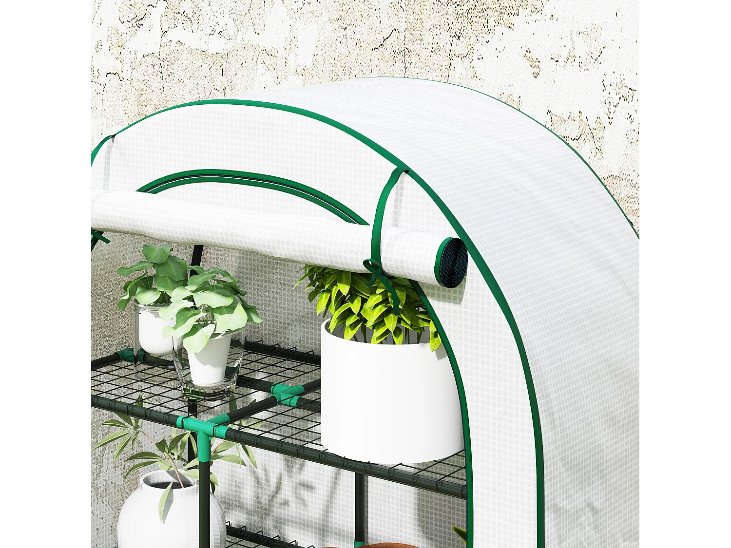 Serre de jardin avec toit arrondi, étagères, acier, blanche (100x45x160 cm)