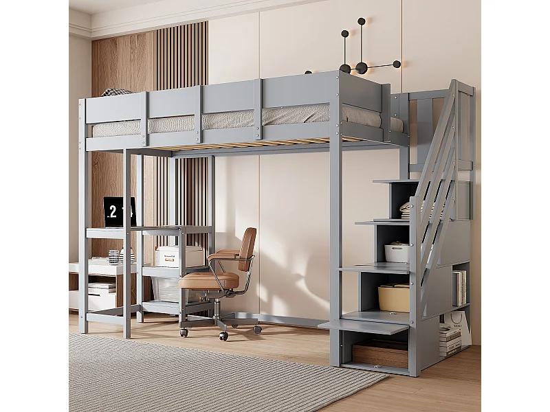 Cama alta con estante - 90 x 200 cm - con escritorio + espacio de almacenamiento en la escalera - madera + MDF - gris