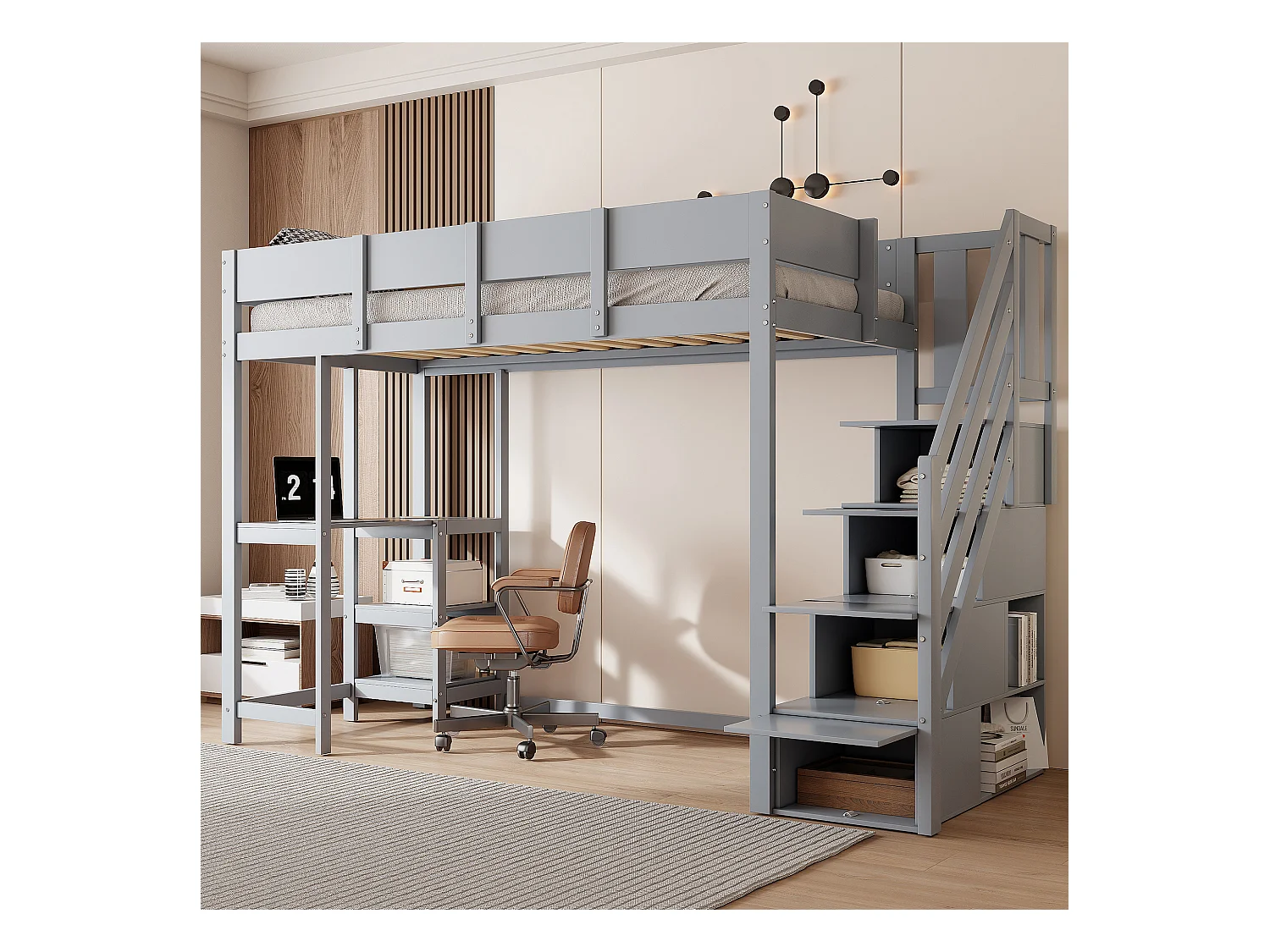 lit mezzanine avec étagère - 90 x 200 cm - avec bureau + rangements dans l'escalier - bois + MDF - gris