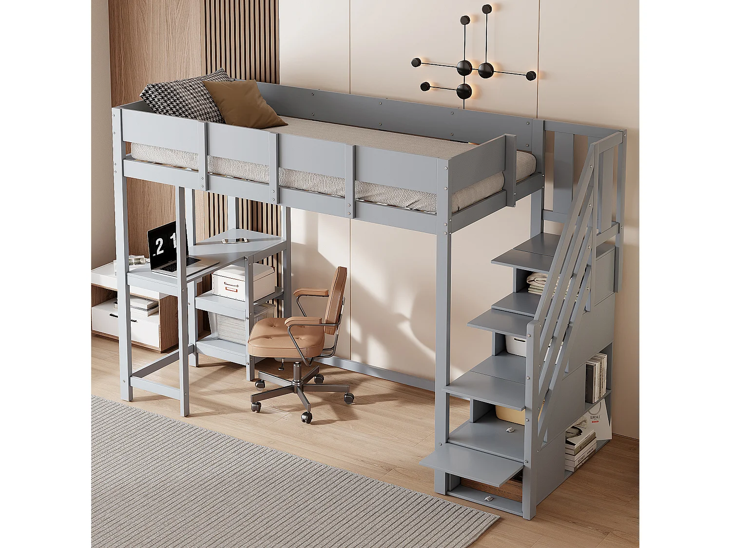 lit mezzanine avec étagère - 90 x 200 cm - avec bureau + rangements dans l'escalier - bois + MDF - gris
