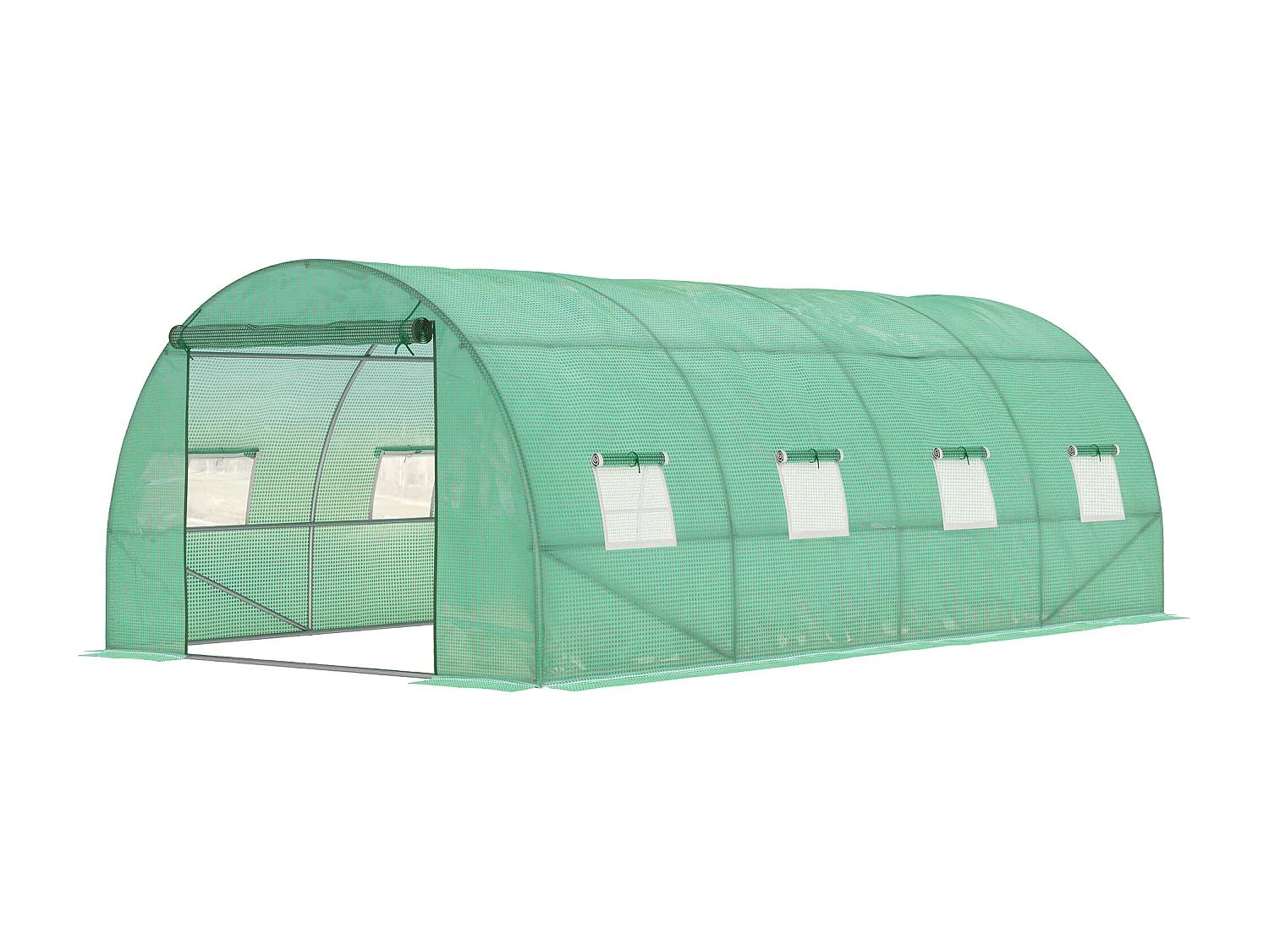 Serre tunnel 6x3x2 m, avec 8 fenêtres, porte à enroulement, parois latérales enroulables, structure en acier, vert (590x300x200 cm)
