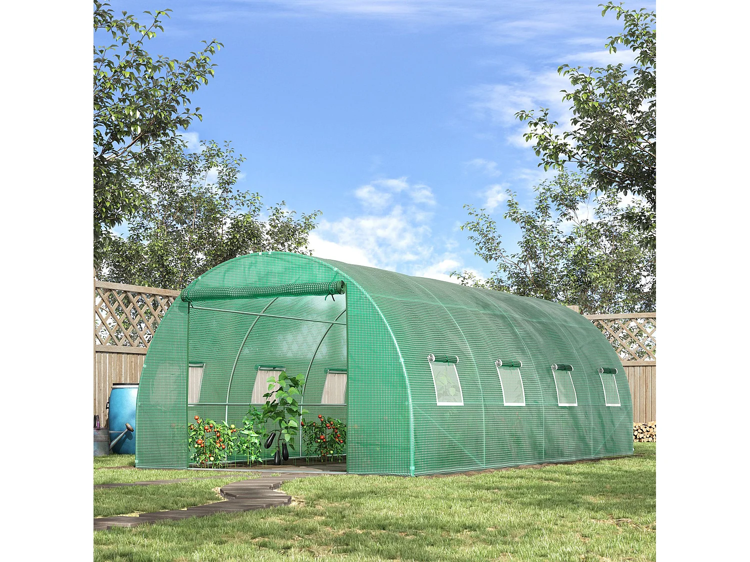 Serre tunnel 6x3x2 m, avec 8 fenêtres, porte à enroulement, parois latérales enroulables, structure en acier, vert (590x300x200 cm)