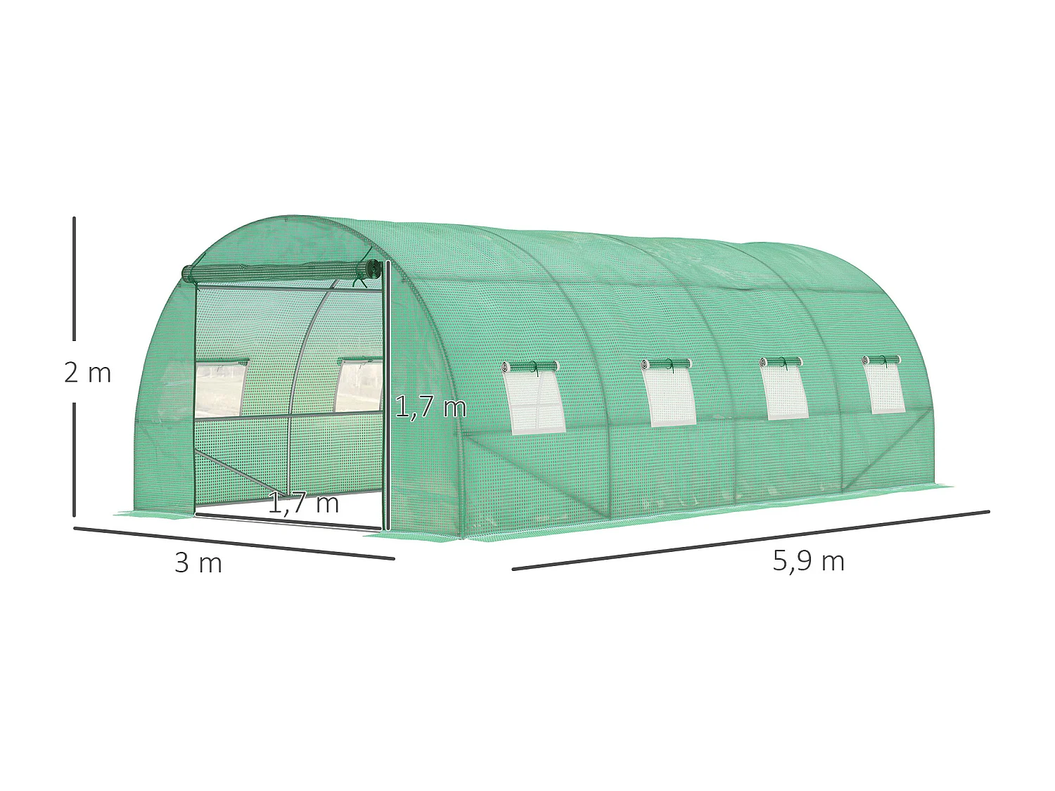 Serre tunnel 6x3x2 m, avec 8 fenêtres, porte à enroulement, parois latérales enroulables, structure en acier, vert (590x300x200 cm)