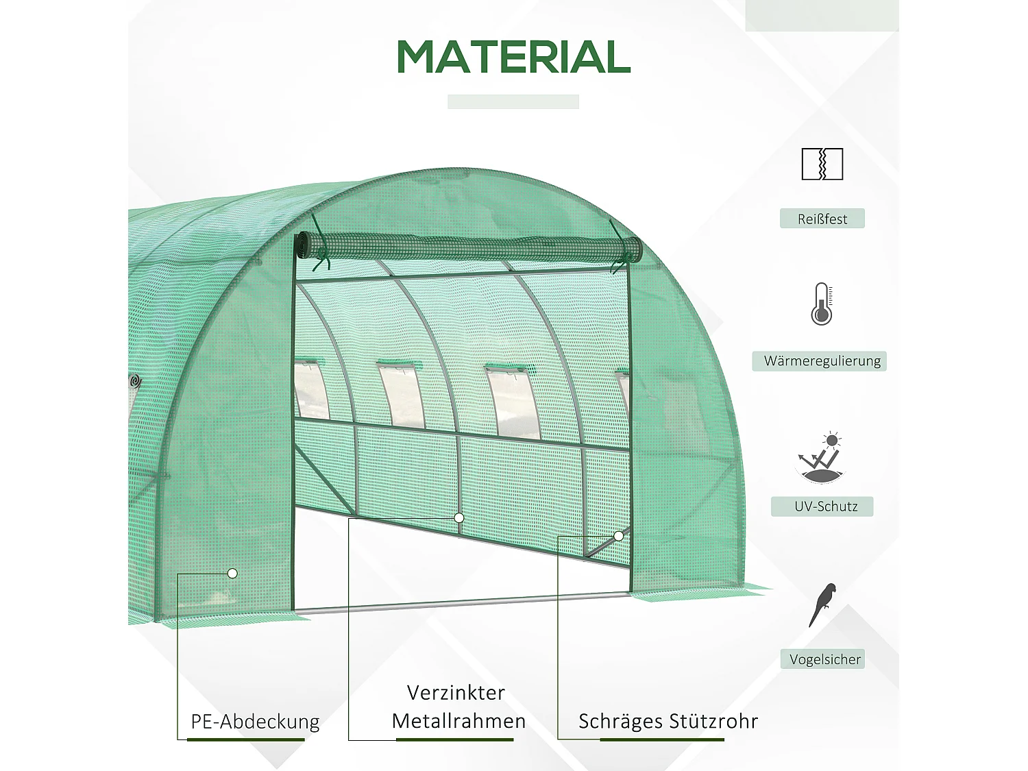 Serre tunnel 6x3x2 m, avec 8 fenêtres, porte à enroulement, parois latérales enroulables, structure en acier, vert (590x300x200 cm)