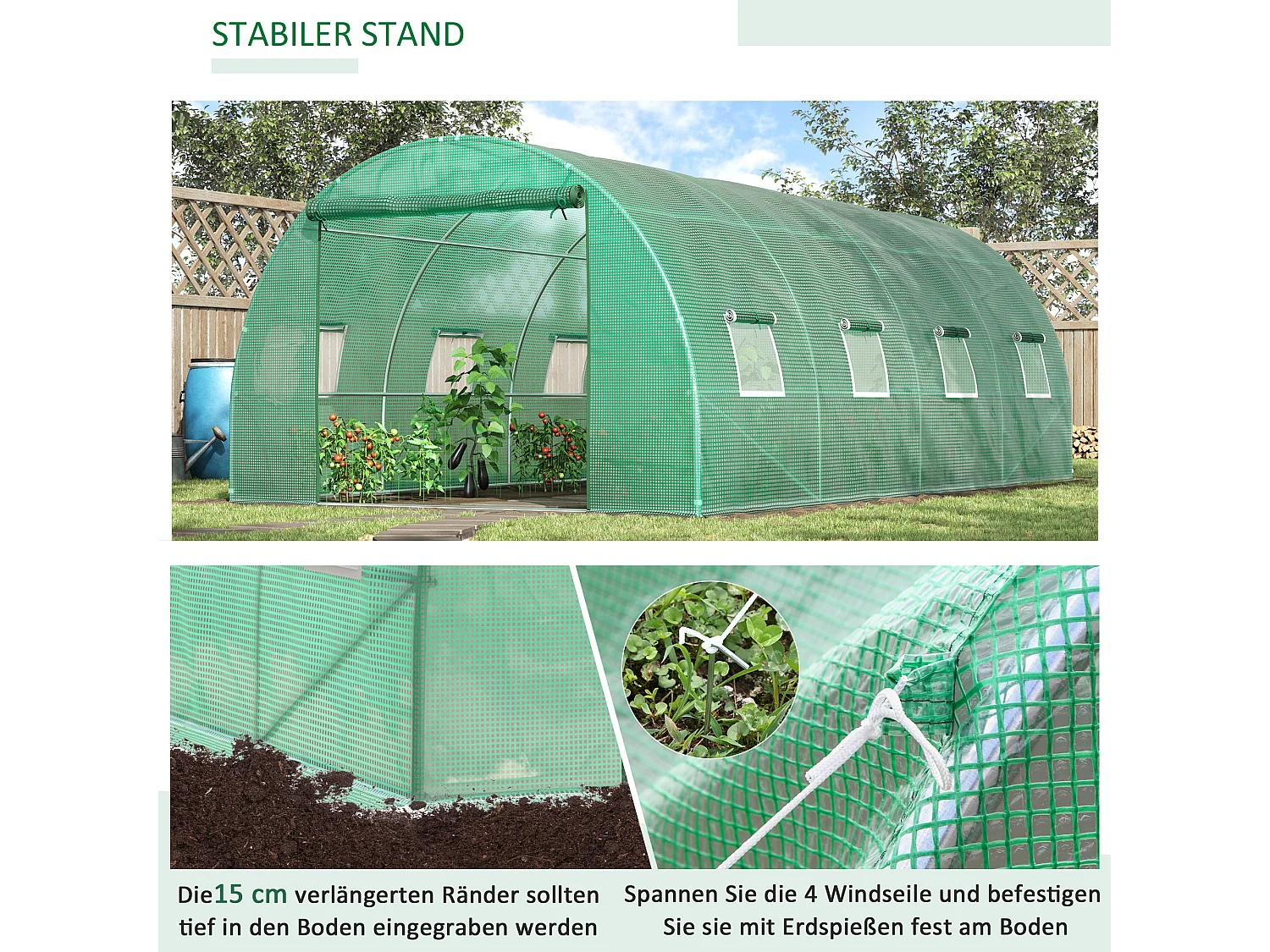 Serre tunnel 6x3x2 m, avec 8 fenêtres, porte à enroulement, parois latérales enroulables, structure en acier, vert (590x300x200 cm)