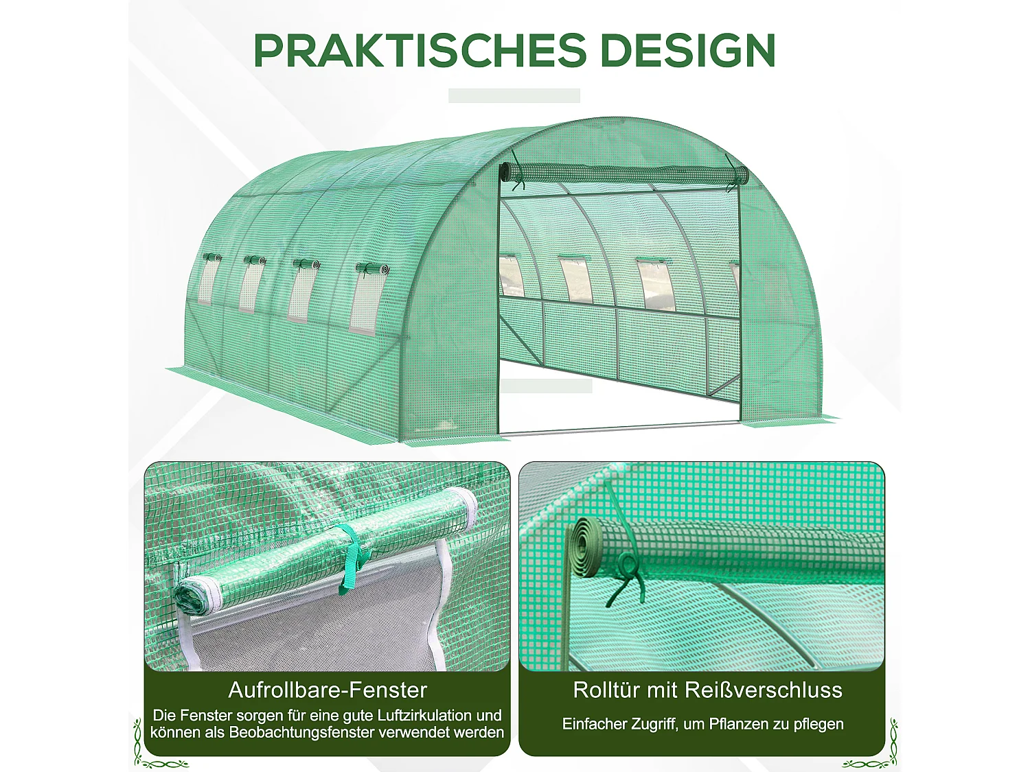 Serre tunnel 6x3x2 m, avec 8 fenêtres, porte à enroulement, parois latérales enroulables, structure en acier, vert (590x300x200 cm)