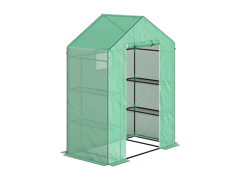 Serre de jardin avec porte roulante, fenêtres et étagères, serre d'hiver en plastique, structure en métal, pour balcon et jardin (143x74x190 cm)