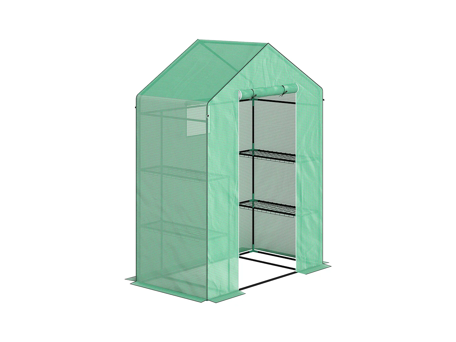 Tuinkas met roldeur, ramen en planken, kunststof winterkas, metalen frame, voor balkon en tuin (143x74x190 cm)