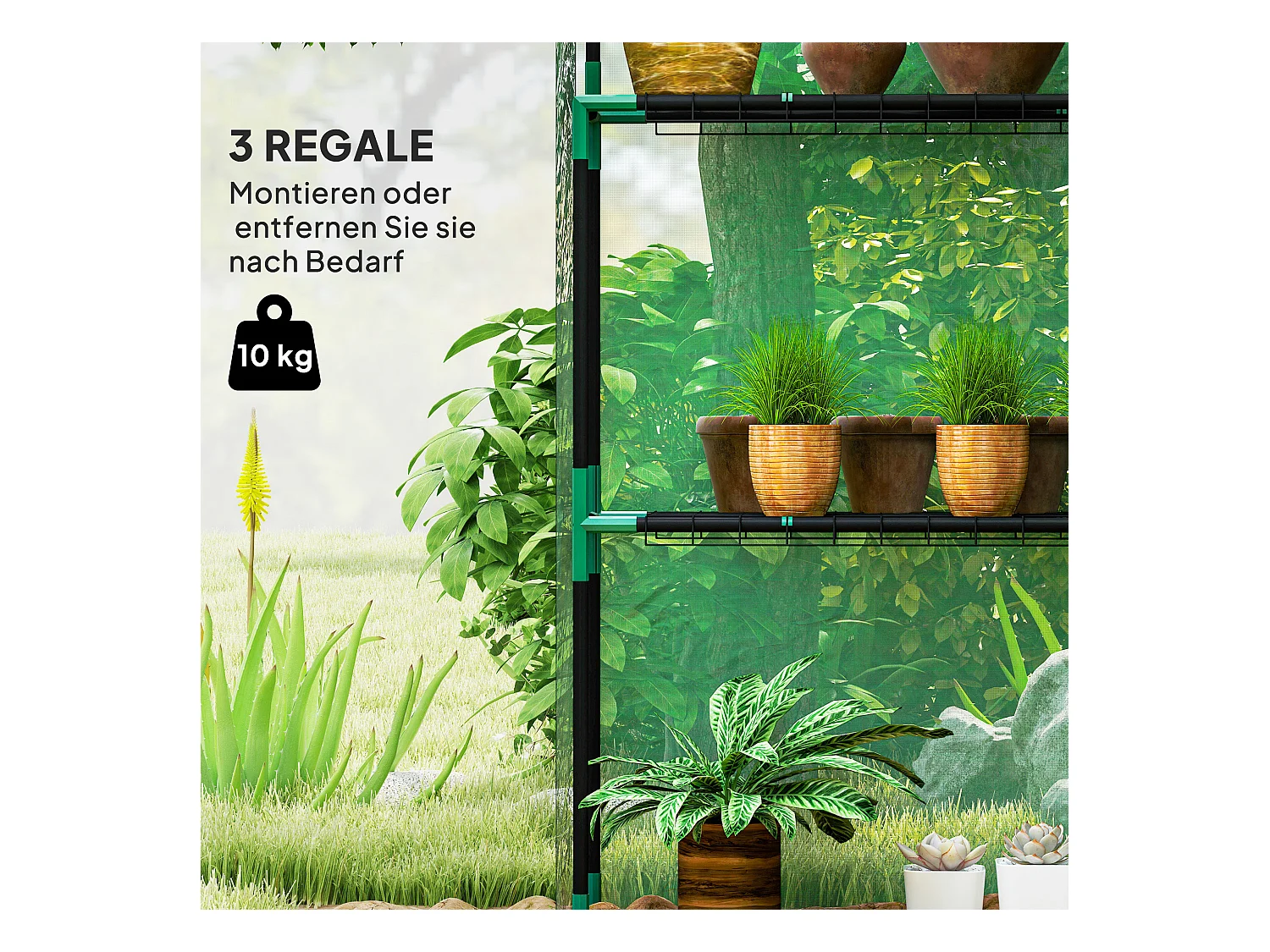 Tuinkas met roldeur, ramen en planken, kunststof winterkas, metalen frame, voor balkon en tuin (143x74x190 cm)