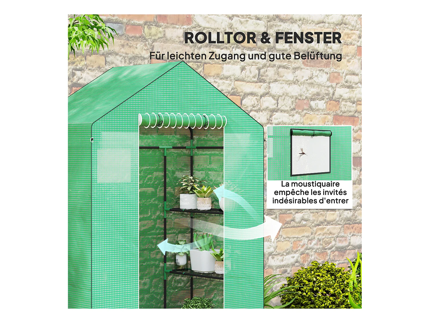 Tuinkas met roldeur, ramen en planken, kunststof winterkas, metalen frame, voor balkon en tuin (143x74x190 cm)