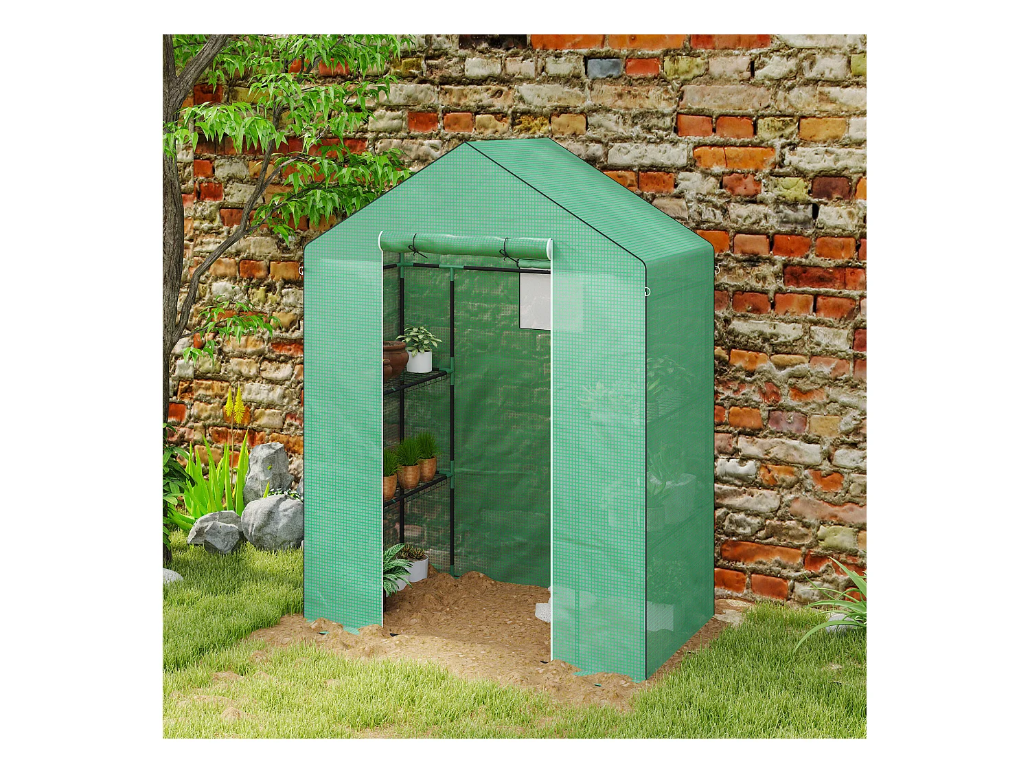 Tuinkas met roldeur, ramen en planken, kunststof winterkas, metalen frame, voor balkon en tuin (143x74x190 cm)