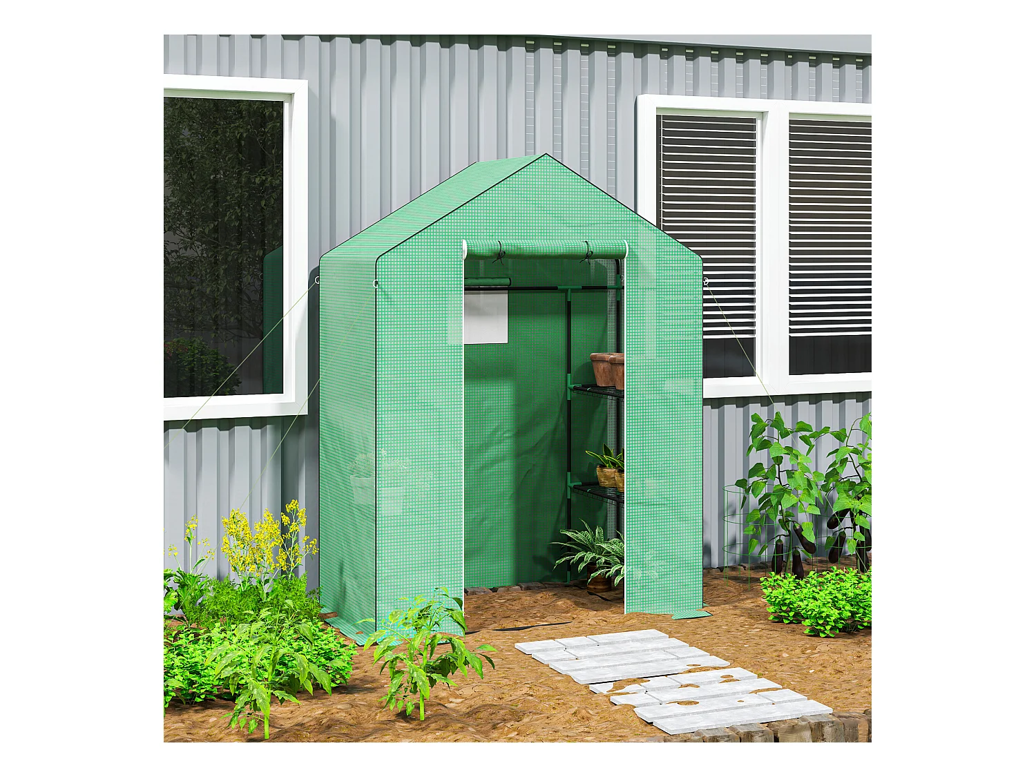 Serre de jardin avec porte roulante, fenêtres et étagères, serre d'hiver en plastique, structure en métal, pour balcon et jardin (143x74x190 cm)