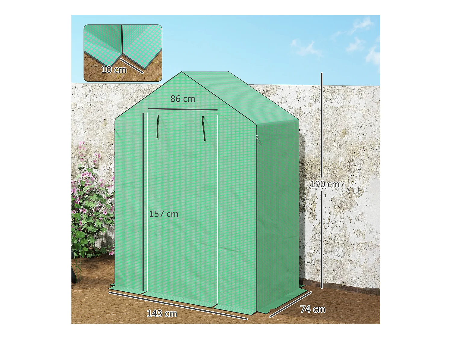Serre de jardin avec porte roulante, fenêtres et étagères, serre d'hiver en plastique, structure en métal, pour balcon et jardin (143x74x190 cm)