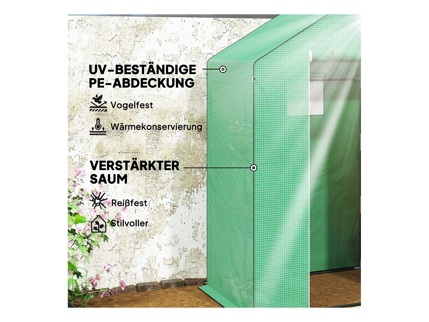 Serre de jardin avec porte roulante, fenêtres et étagères, serre d'hiver en plastique, structure en métal, pour balcon et jardin (143x74x190 cm)