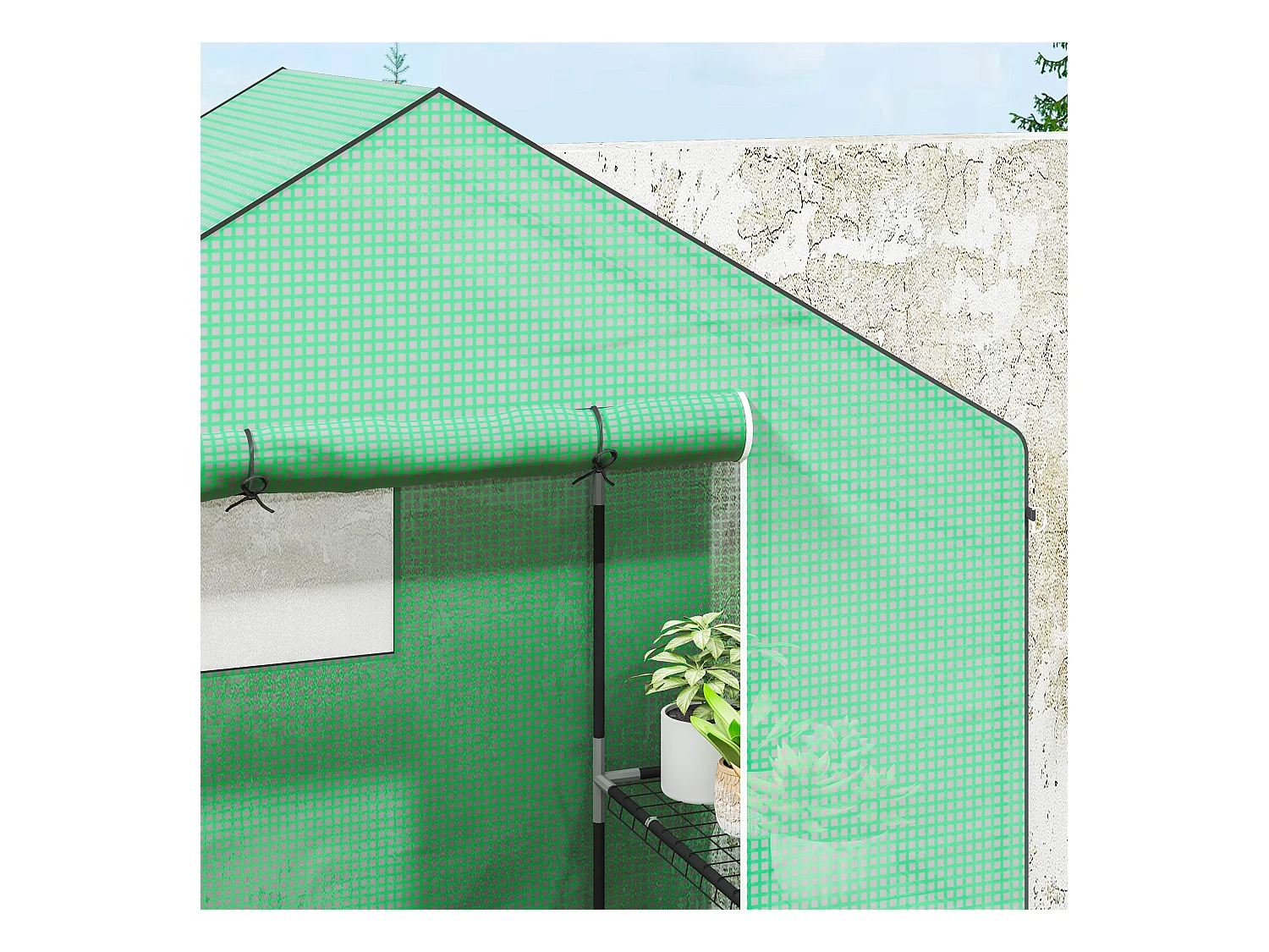 Serre de jardin avec porte roulante, fenêtres et étagères, serre d'hiver en plastique, structure en métal, pour balcon et jardin (143x74x190 cm)