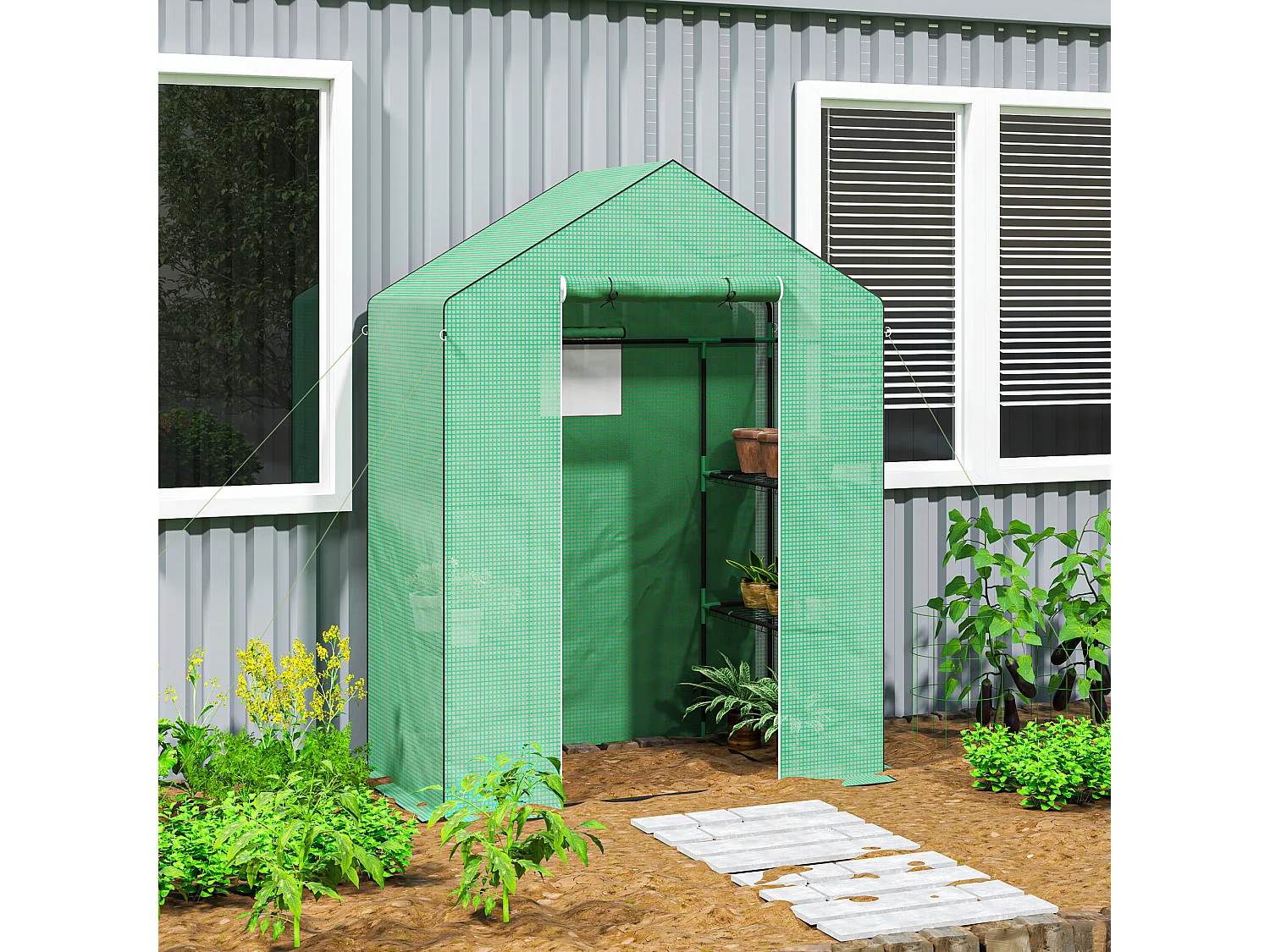 Serre de jardin avec porte roulante, fenêtres et étagères, serre d'hiver en plastique, structure en métal, pour balcon et jardin (143x74x190 cm)