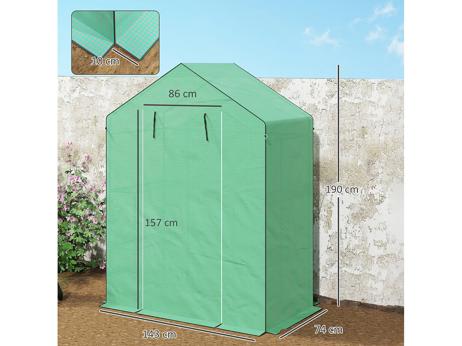 Serre de jardin avec porte roulante, fenêtres et étagères, serre d'hiver en plastique, structure en métal, pour balcon et jardin (143x74x190 cm)