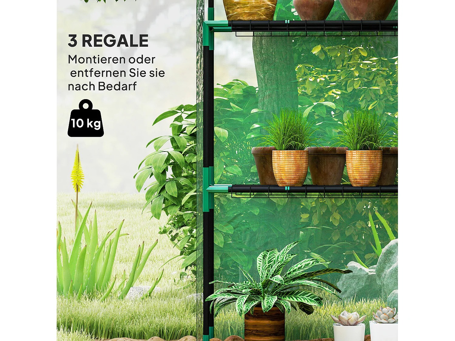 Serre de jardin avec porte roulante, fenêtres et étagères, serre d'hiver en plastique, structure en métal, pour balcon et jardin (143x74x190 cm)