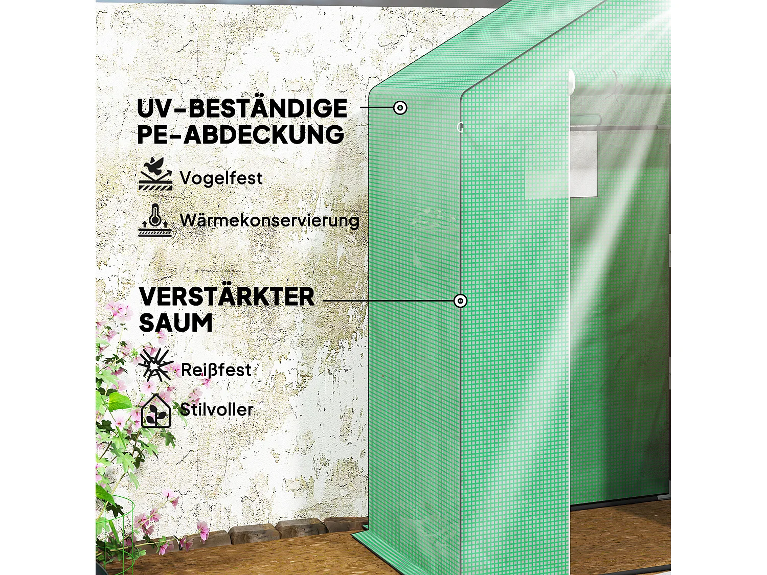 Serre de jardin avec porte roulante, fenêtres et étagères, serre d'hiver en plastique, structure en métal, pour balcon et jardin (143x74x190 cm)