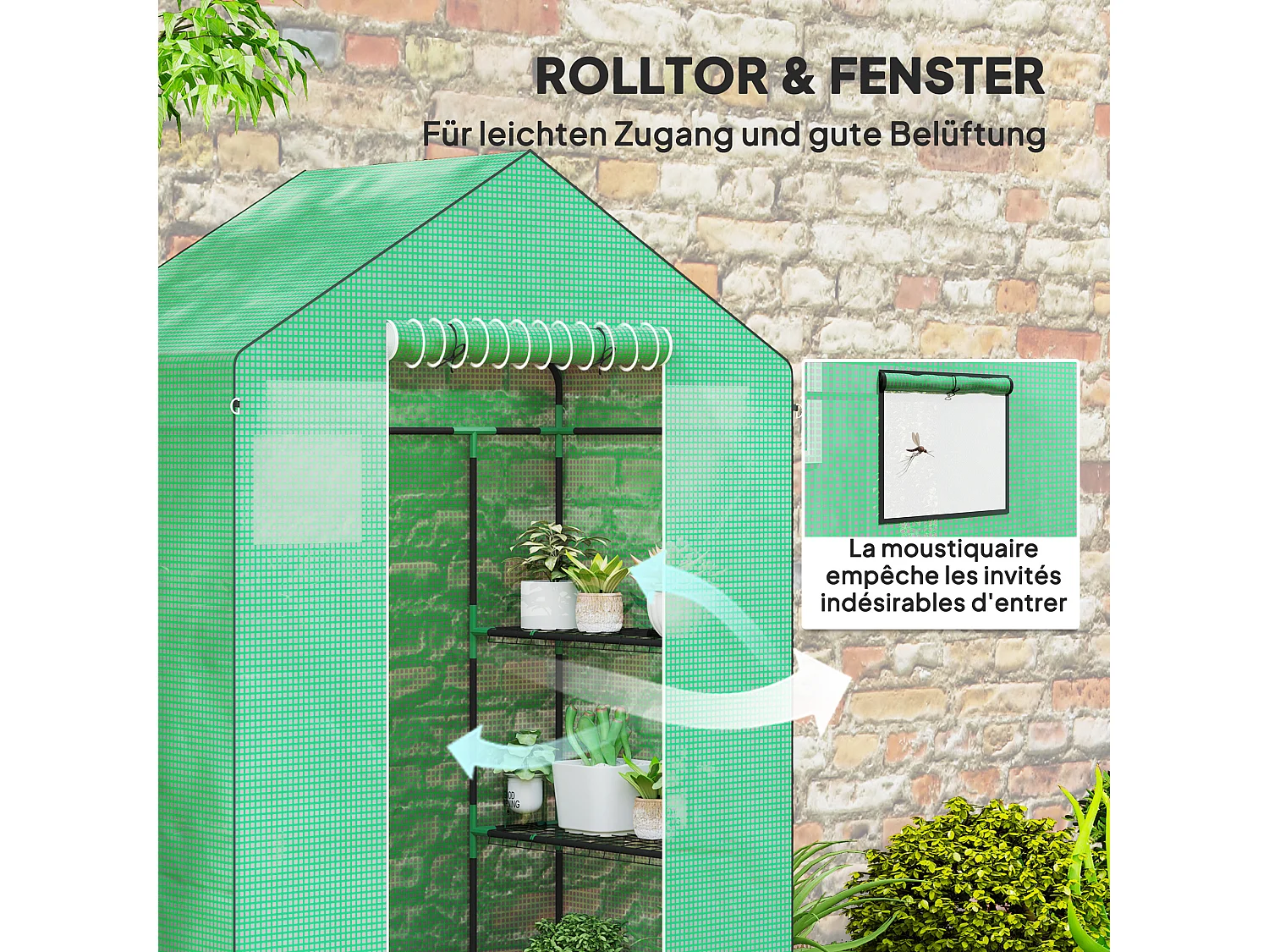 Serre de jardin avec porte roulante, fenêtres et étagères, serre d'hiver en plastique, structure en métal, pour balcon et jardin (143x74x190 cm)