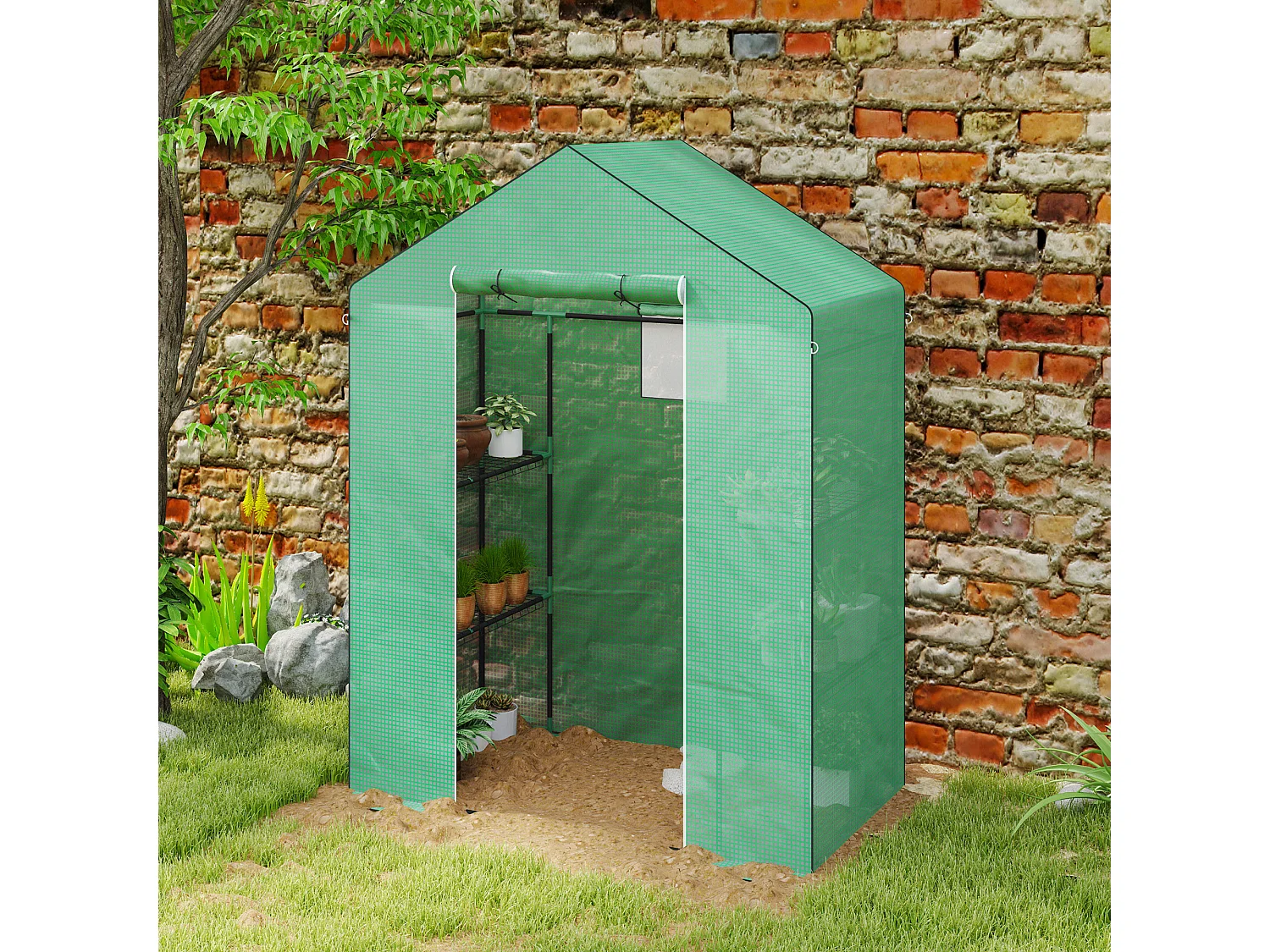 Serre de jardin avec porte roulante, fenêtres et étagères, serre d'hiver en plastique, structure en métal, pour balcon et jardin (143x74x190 cm)