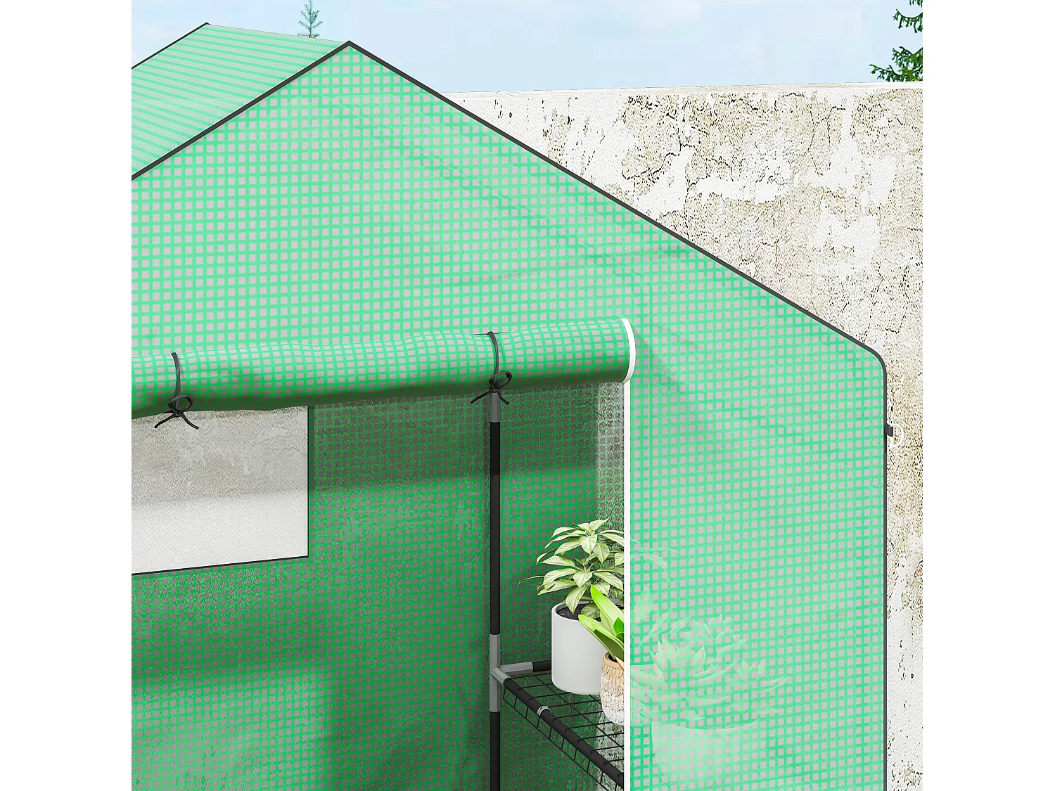 Serre de jardin avec porte roulante, fenêtres et étagères, serre d'hiver en plastique, structure en métal, pour balcon et jardin (143x74x190 cm)