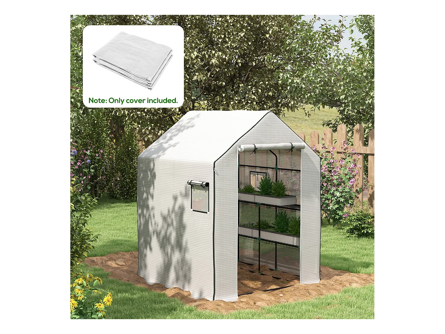 Film de remplacement pour serre, PE renforcé 135g/m², avec fenêtre latérale et porte enroulable, blanc (140x143x190cm)