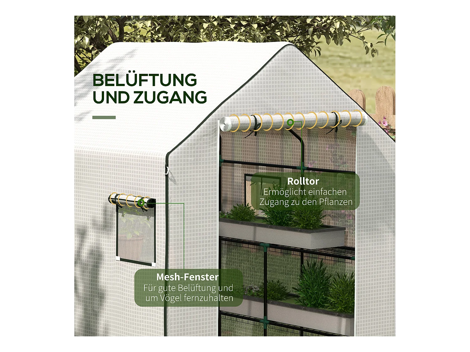 Film de remplacement pour serre, PE renforcé 135g/m², avec fenêtre latérale et porte enroulable, blanc (140x143x190cm)