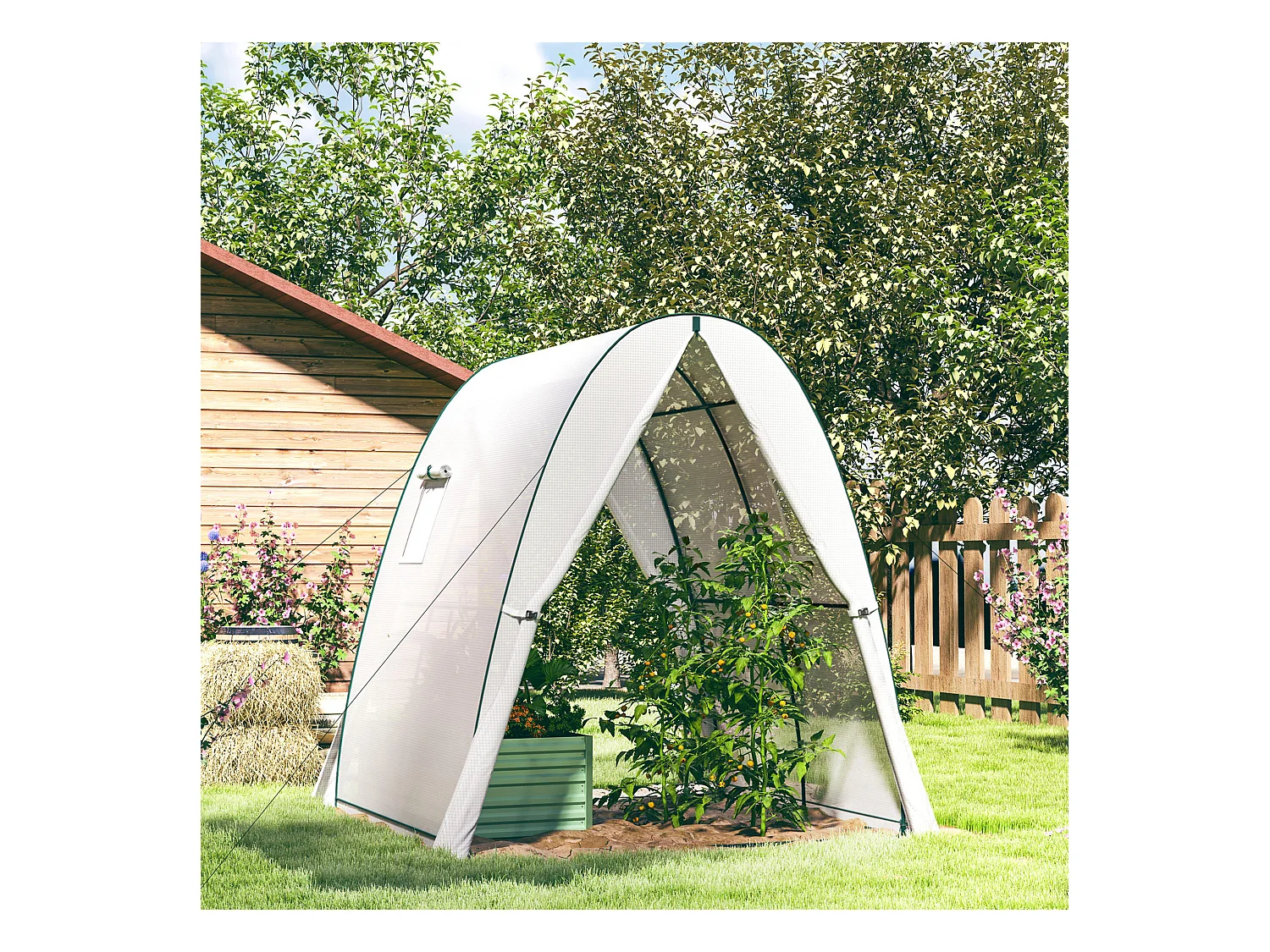 Tuinkas met roldeur, 2 ramen, versterkt doek, stalen frame, wit (180x180x200cm)