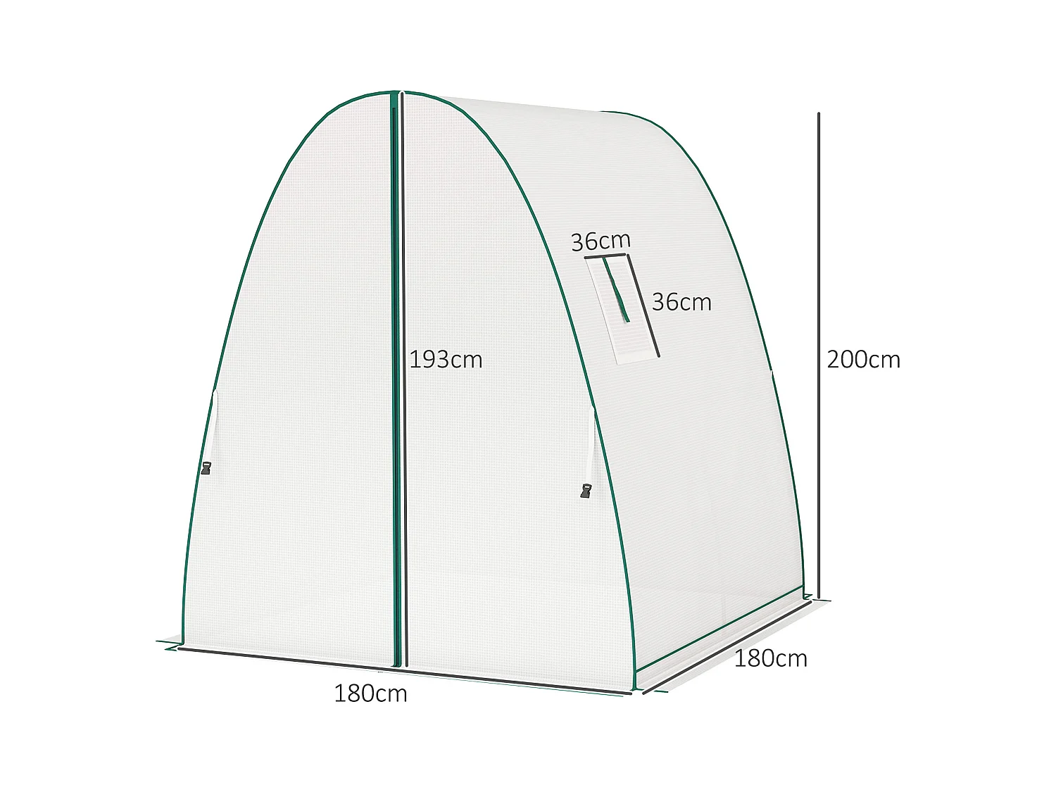 Tuinkas met roldeur, 2 ramen, versterkt doek, stalen frame, wit (180x180x200cm)