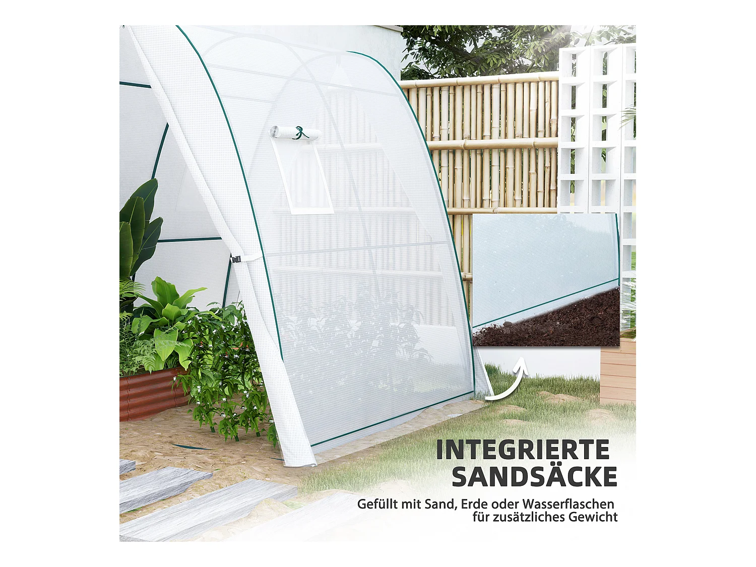 Tuinkas met roldeur, 2 ramen, versterkt doek, stalen frame, wit (180x180x200cm)