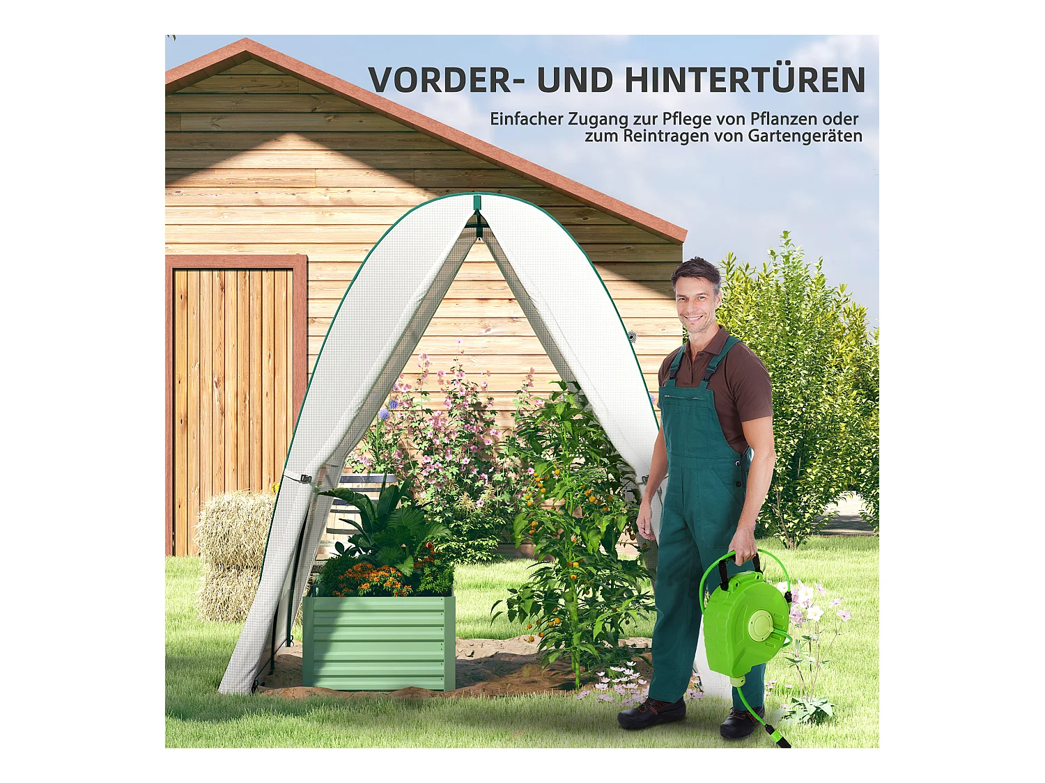 Tuinkas met roldeur, 2 ramen, versterkt doek, stalen frame, wit (180x180x200cm)