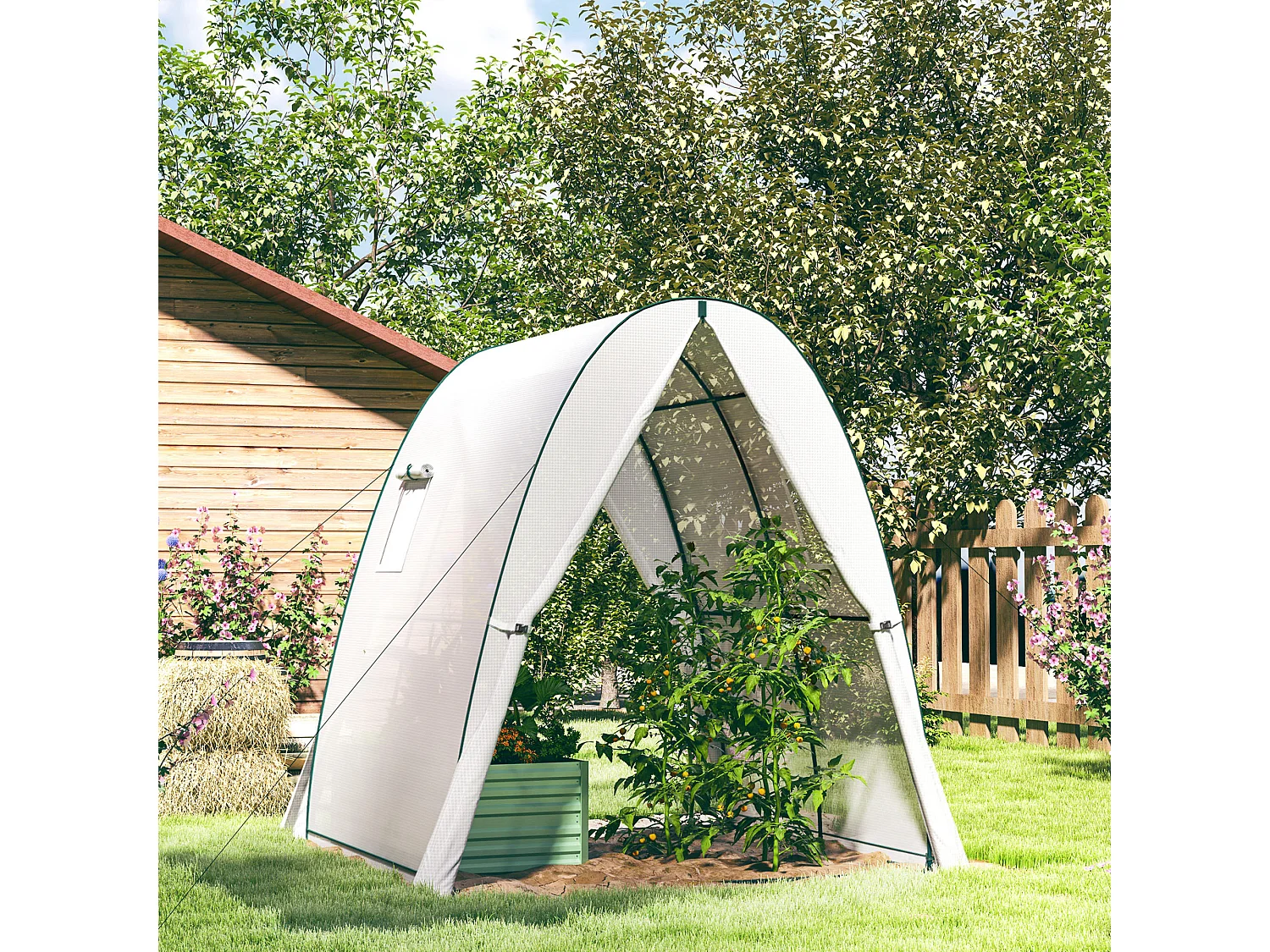 Serre de jardin avec porte roulante, 2 fenêtres, toile renforcée, cadre acier, blanche (180x180x200cm)