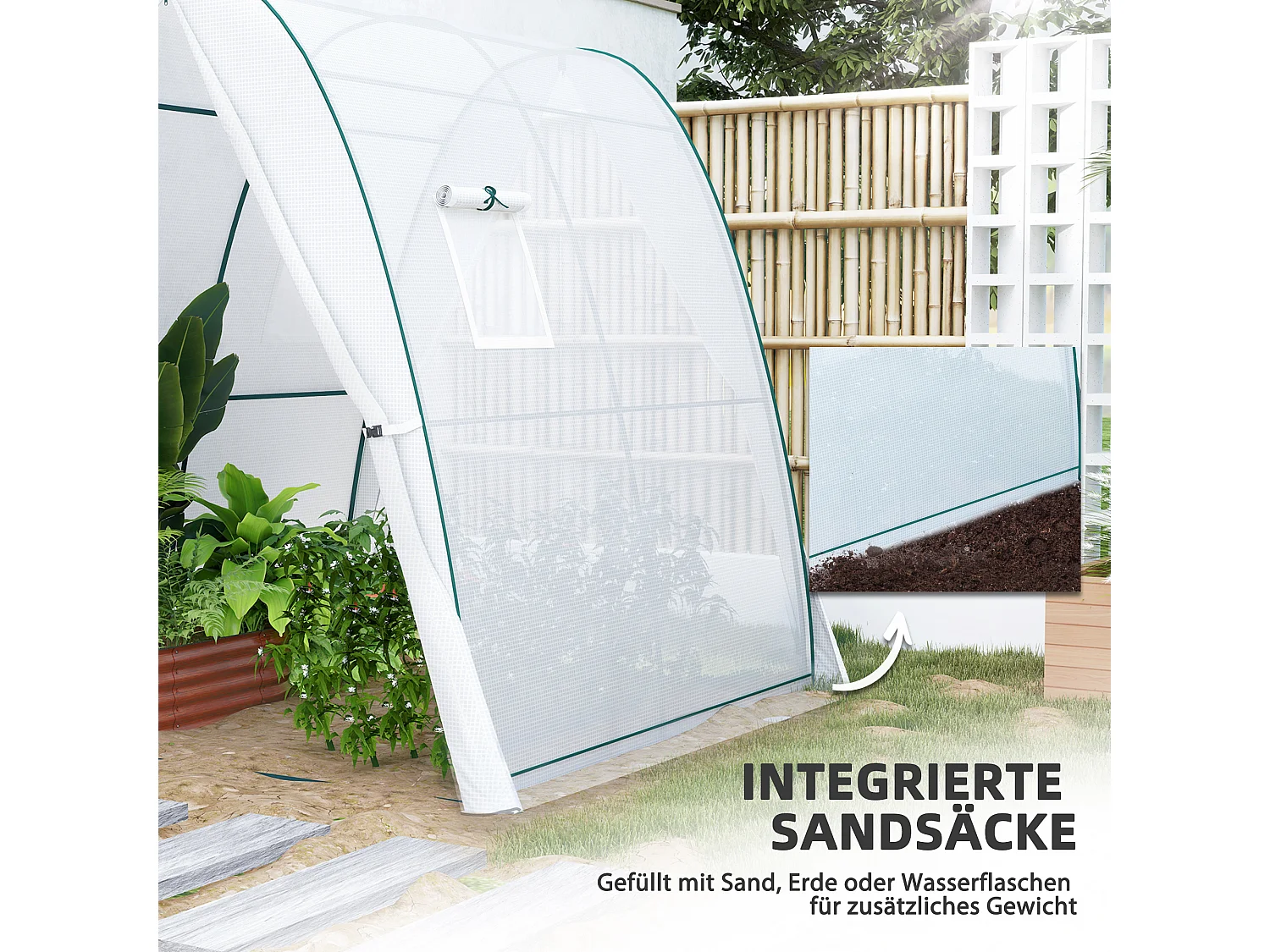 Serre de jardin avec porte roulante, 2 fenêtres, toile renforcée, cadre acier, blanche (180x180x200cm)