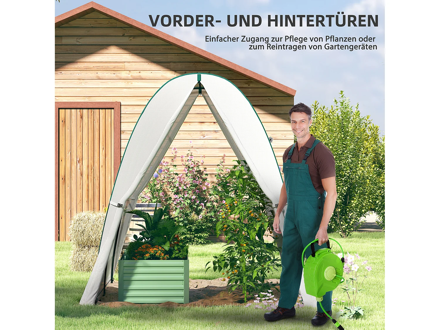 Serre de jardin avec porte roulante, 2 fenêtres, toile renforcée, cadre acier, blanche (180x180x200cm)