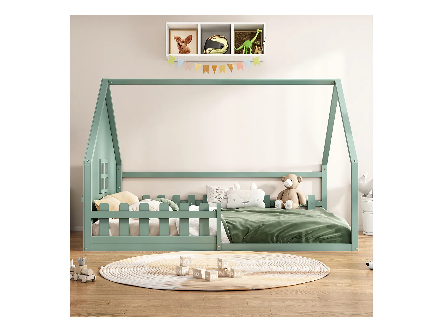 Lit mezzanine 140x200 cm, métal avec barrières, échelle et bureau intégré, sans matelas, design maison, vert (204x145x139 cm)