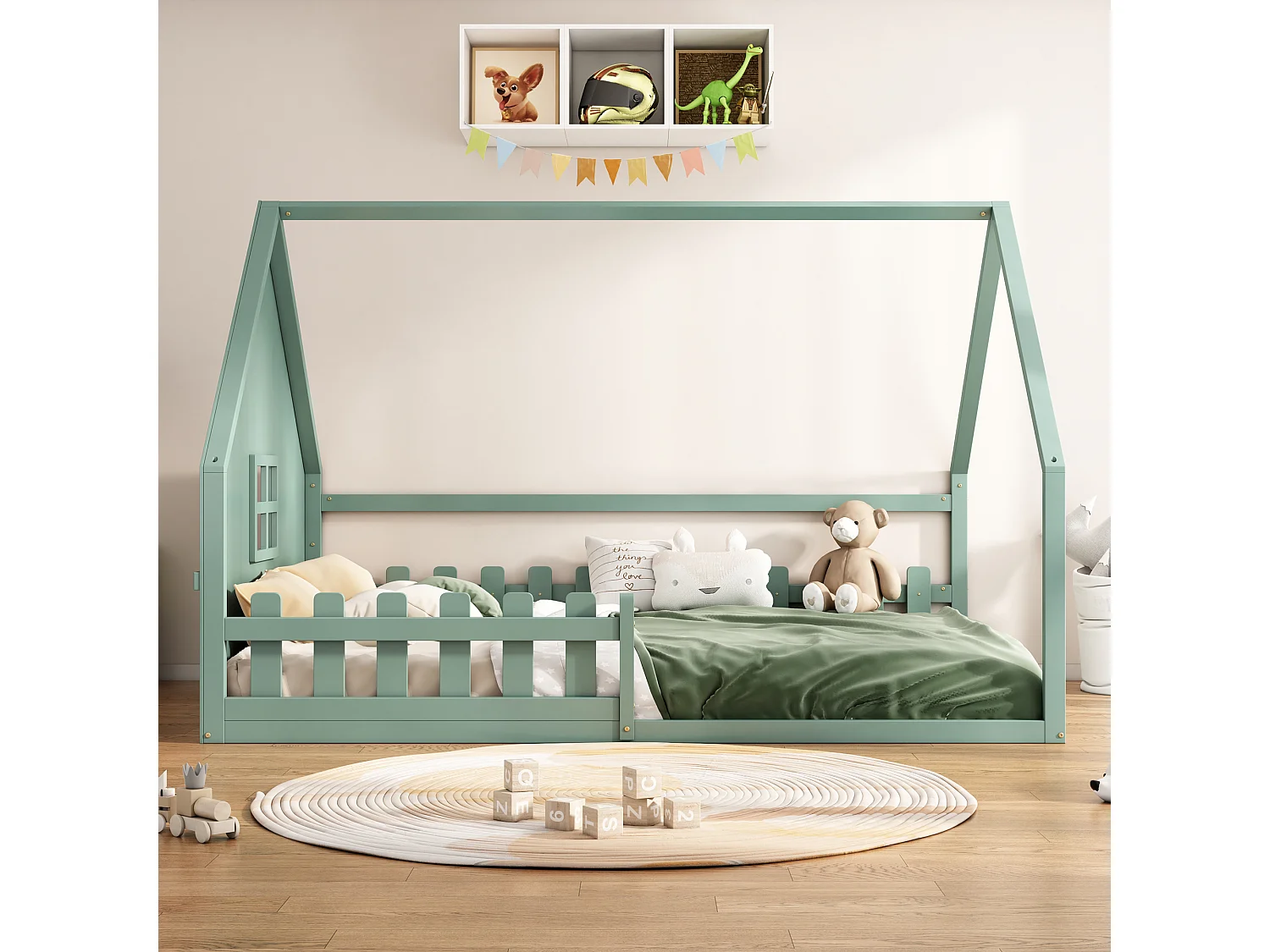 Hoogslaper 140x200 cm, metaal met rails, ladder en geïntegreerd bureau, zonder matras, home design, groen (204x145x139 cm)