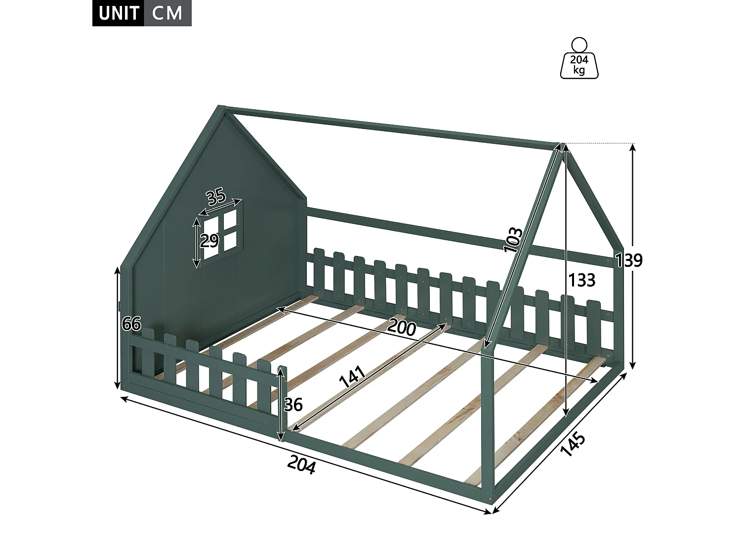 Hoogslaper 140x200 cm, metaal met rails, ladder en geïntegreerd bureau, zonder matras, home design, groen (204x145x139 cm)