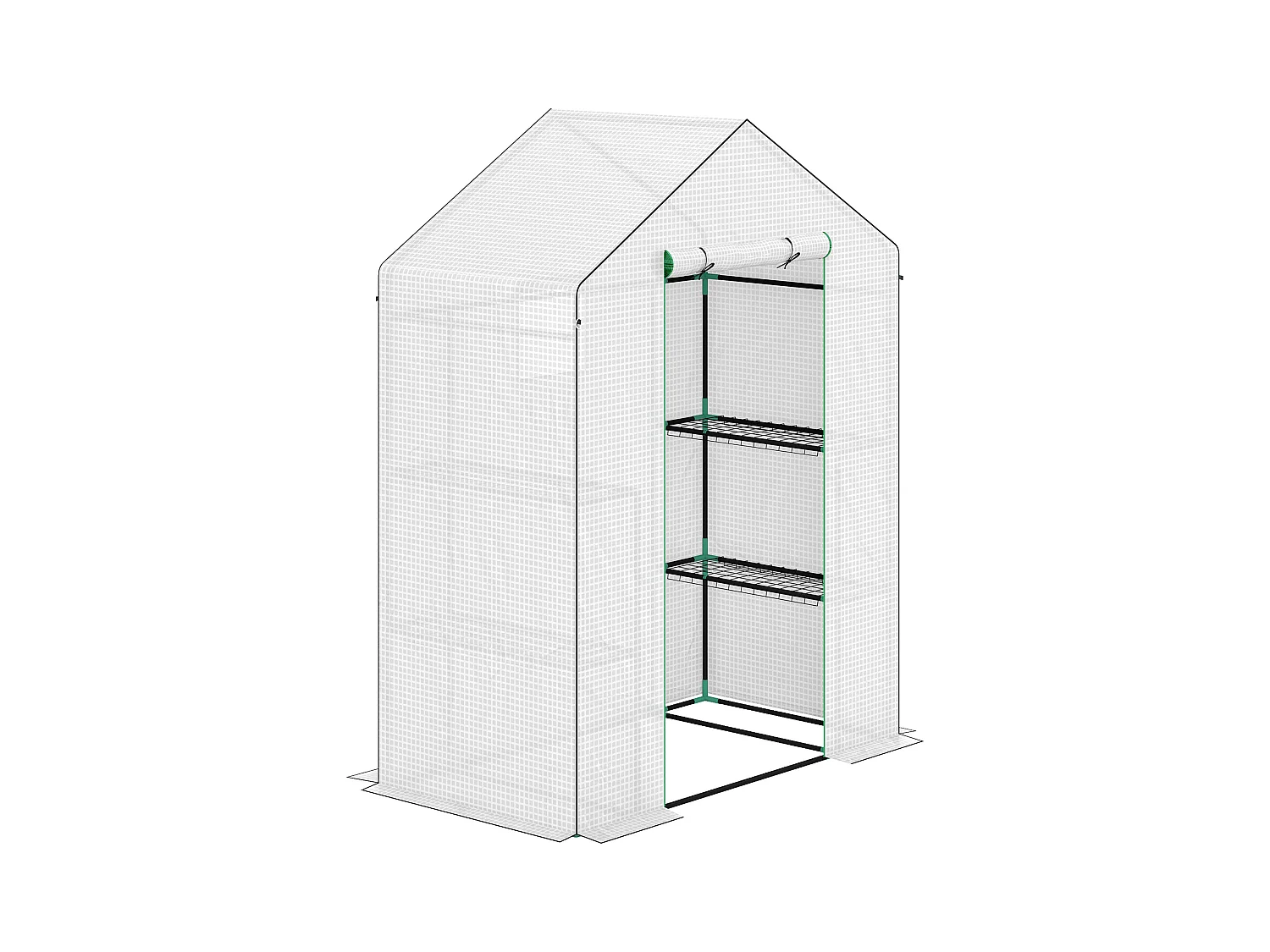 Tuinkas met roldeur, ramen, planken, versterkt kunststof, wit (143x74x190cm)