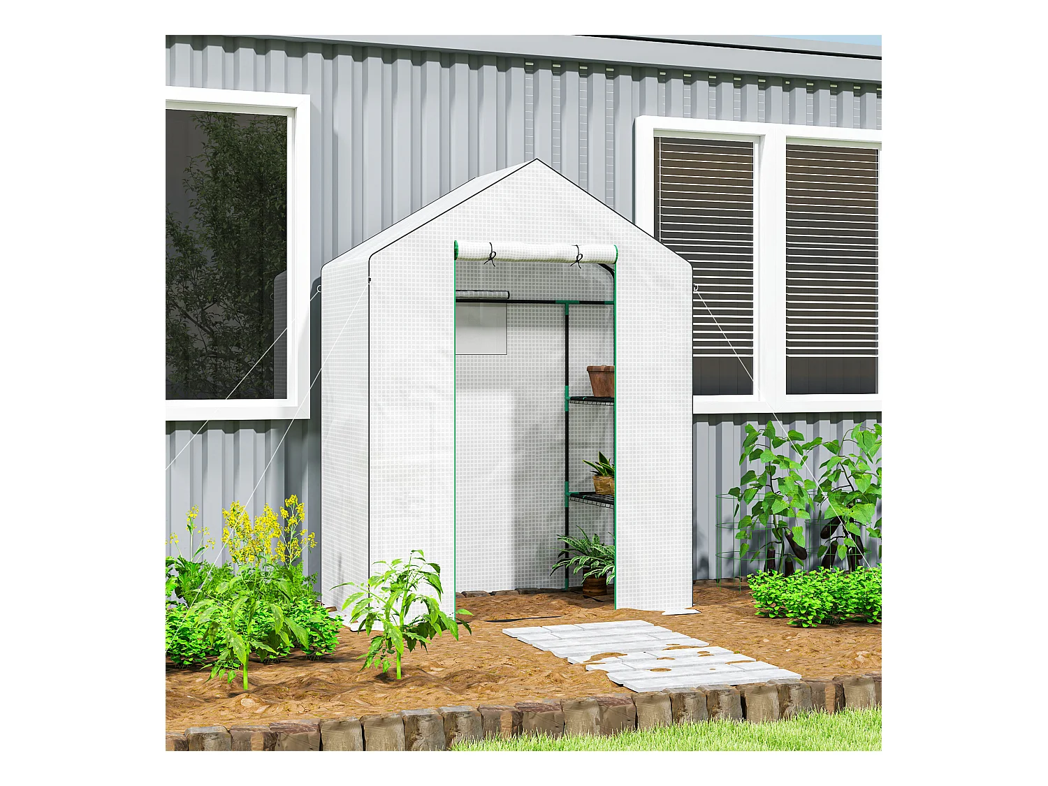 Tuinkas met roldeur, ramen, planken, versterkt kunststof, wit (143x74x190cm)