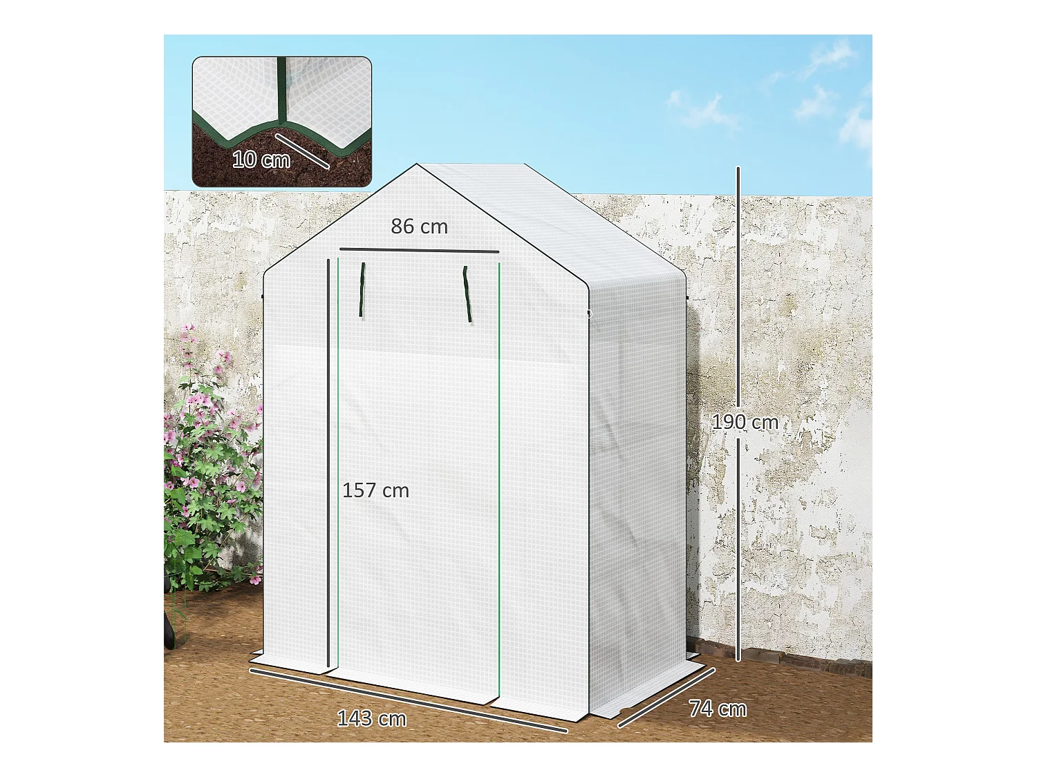 Tuinkas met roldeur, ramen, planken, versterkt kunststof, wit (143x74x190cm)