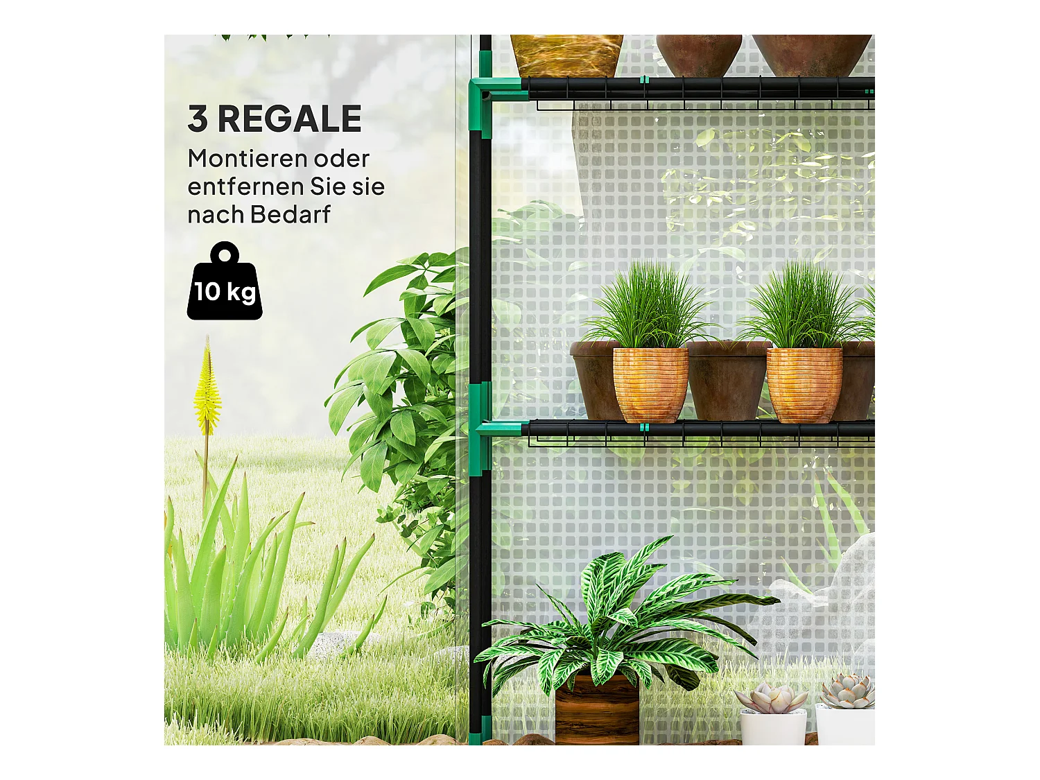 Tuinkas met roldeur, ramen, planken, versterkt kunststof, wit (143x74x190cm)